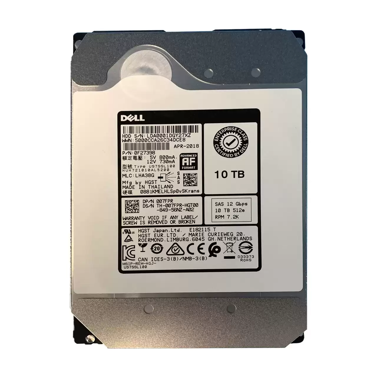 Dell 007FPR 10TB SAS 12Gb/s Nearline Hot Swap 7200RPM (512e) 3.5-inch Internal Hard Drive with Tray for PowerEdge G13