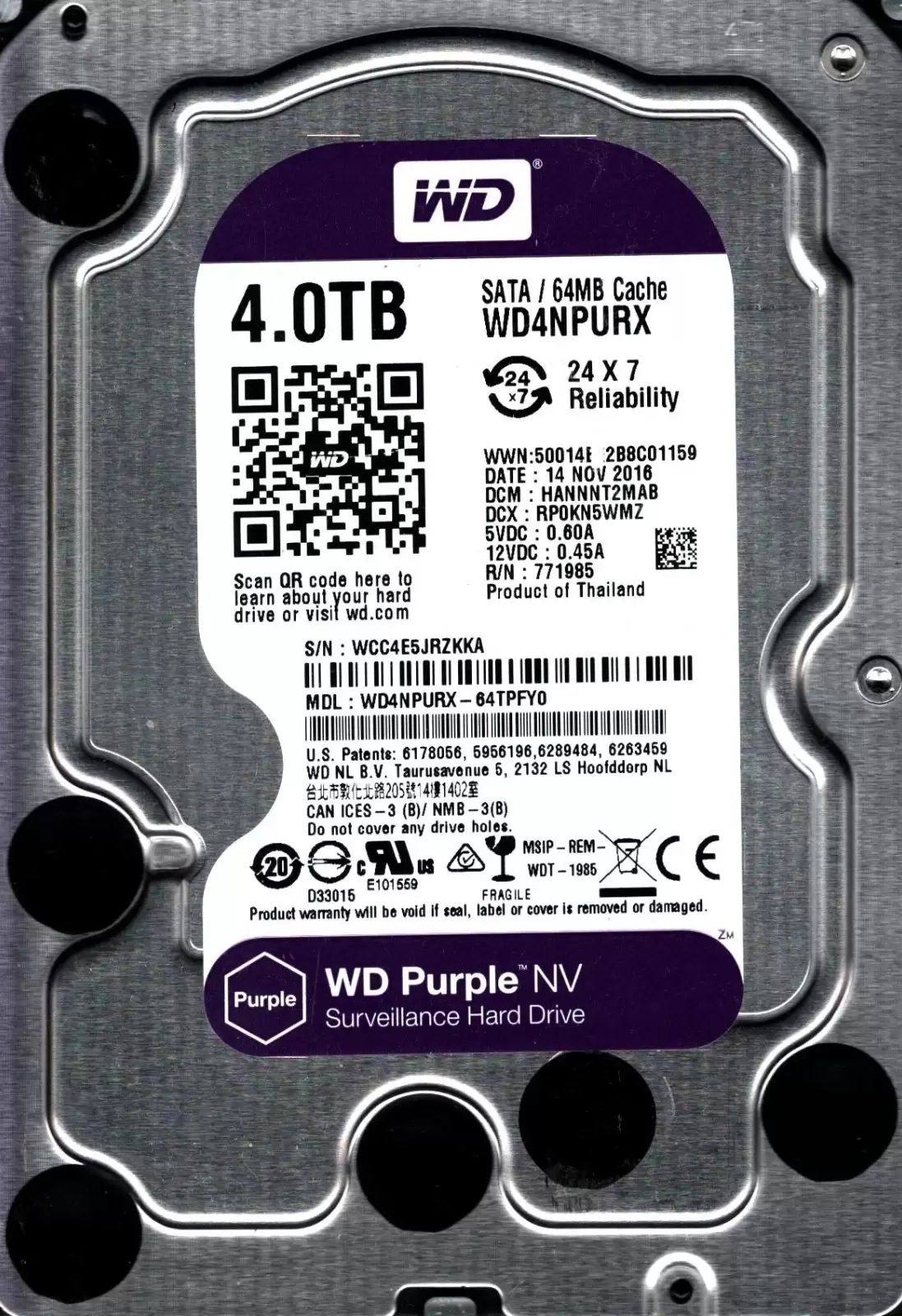 Western Digital WD4NPURX Purple 4TB SATA 6Gb/s 5400RPM 64MB Cache 3.5-inch Internal Hard Drive