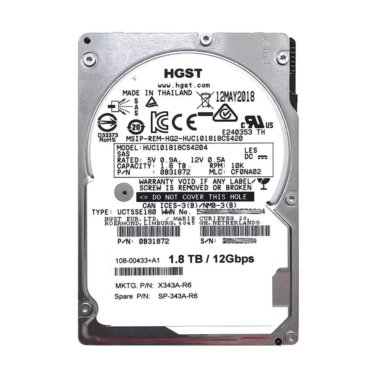 HGST HUC101818CS4204 Ultrastar C10K1800 1.8TB SAS 12Gb/s 10000RPM 128MB Cache 2.5inch Internal Hard Drive