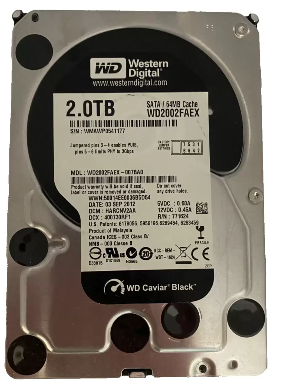 Western Digital WD2002FAEX Caviar Black 2TB SATA 6Gb/s 7200RPM 64MB Cache 3.5inch Internal Hard Drive