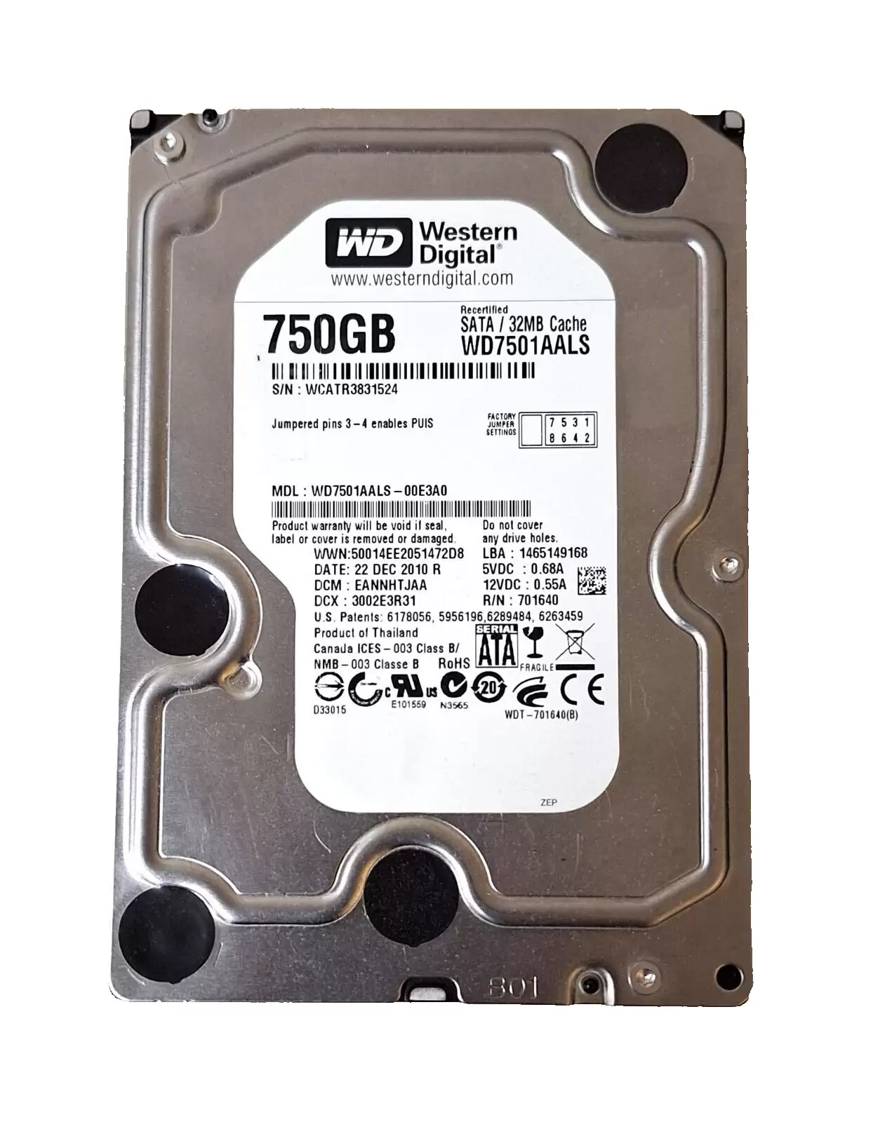 Western Digital WD7501AALS-00E3A0 Caviar Black 750GB SATA 3Gb/s 7200RPM 32MB Cache 3.5-inch Internal Hard Drive