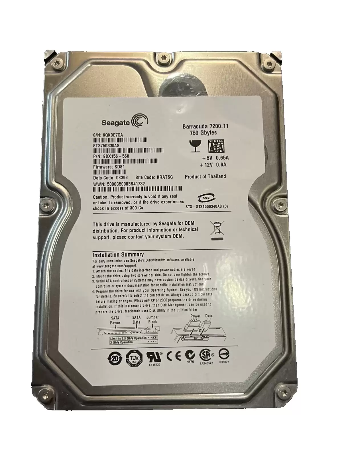 Seagate ST3750528AS Barracuda 7200.12 750GB SATA 3Gb/s 7200RPM 32MB Cache 3.5-inch Internal Hard Drive