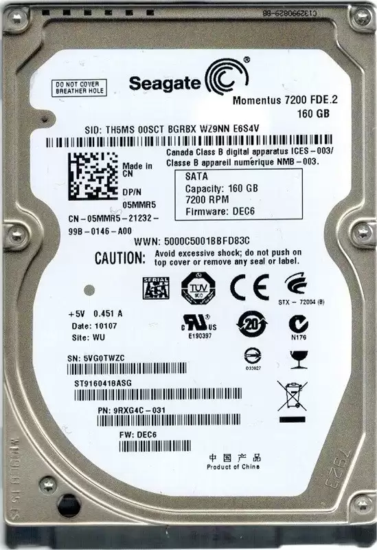Seagate ST9160418ASG Momentus 7200 FDE.2 160GB SATA 3Gb/s 7200RPM 16MB Cache 2.5-inch Internal Hard Drive