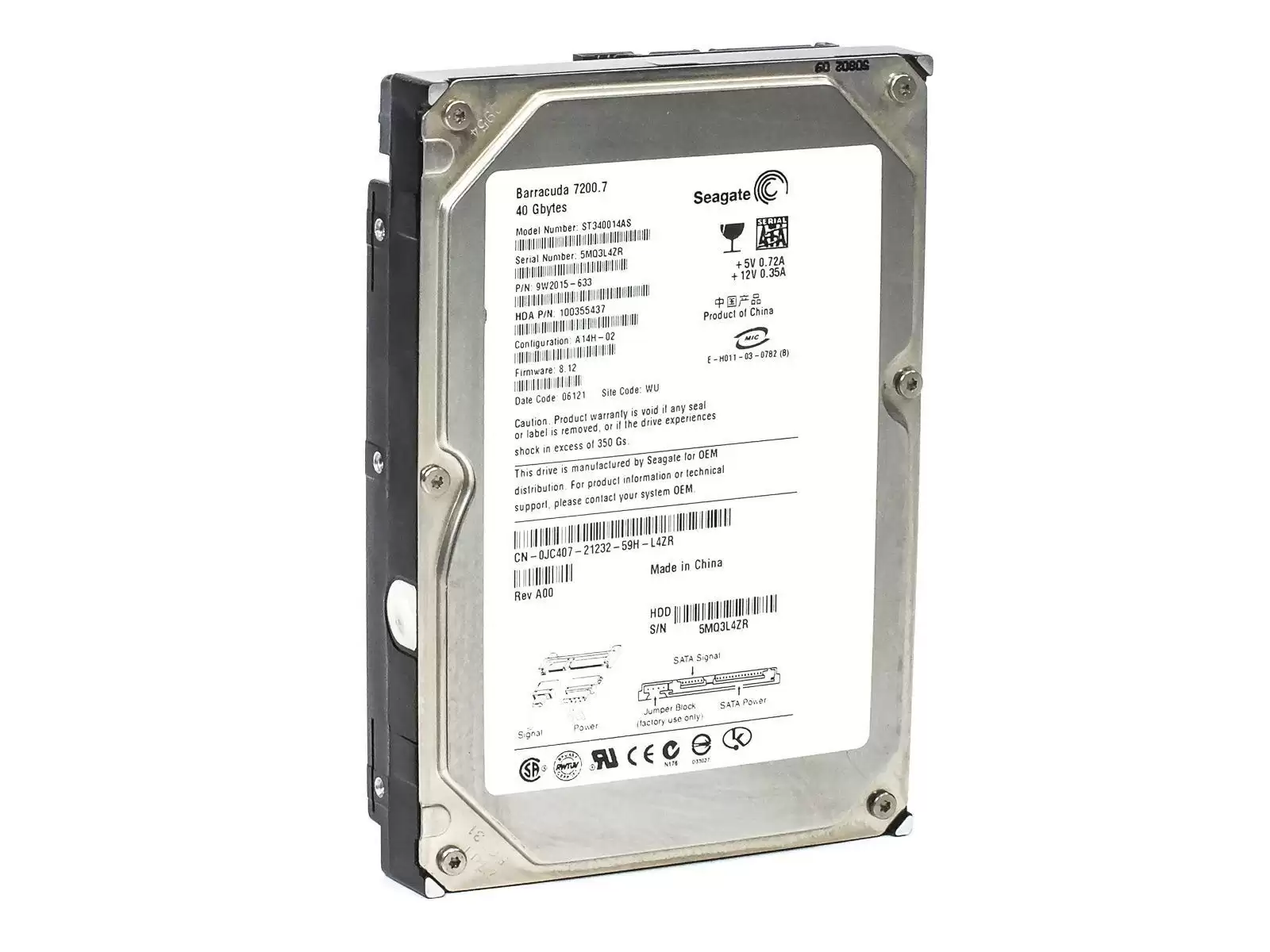 Seagate ST340014AS Barracuda 7200.7 40GB SATA 1.5Gb/s 7200RPM 2MB Cache 3.5-inch Internal Hard Drive