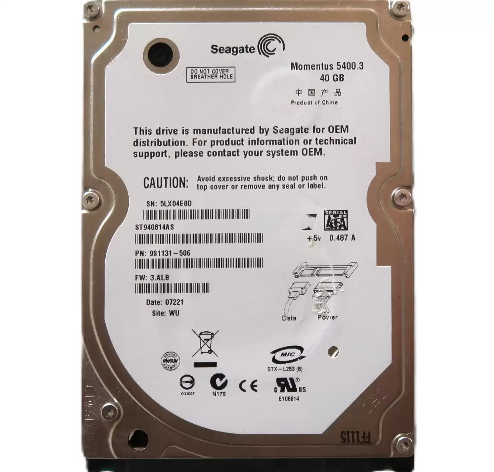 Seagate ST940814AS Momentus 5400.3 40GB SATA 1.5Gb/s 5400RPM 8MB Cache 2.5-inch Internal Hard Drive
