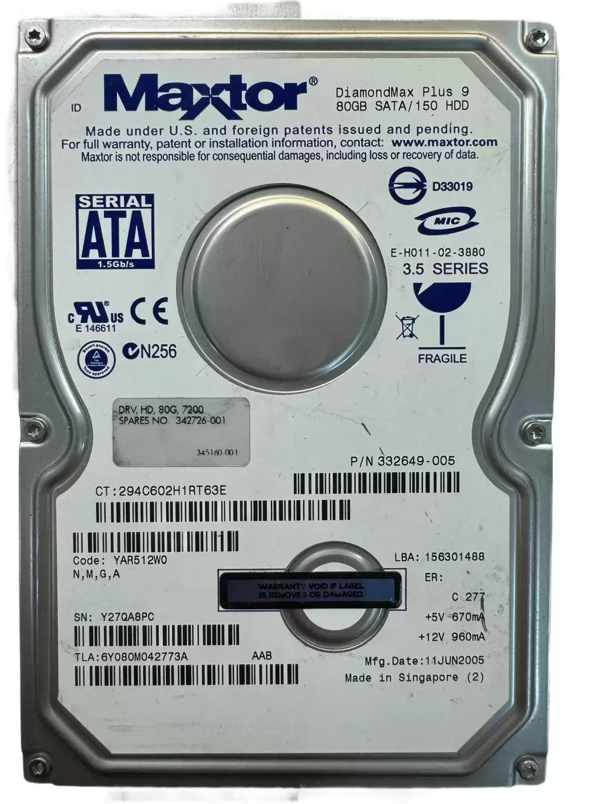 HPE 332649-005 80GB SATA 1.5Gb/s 7200RPM 3.5-inch Internal Hard Drive
