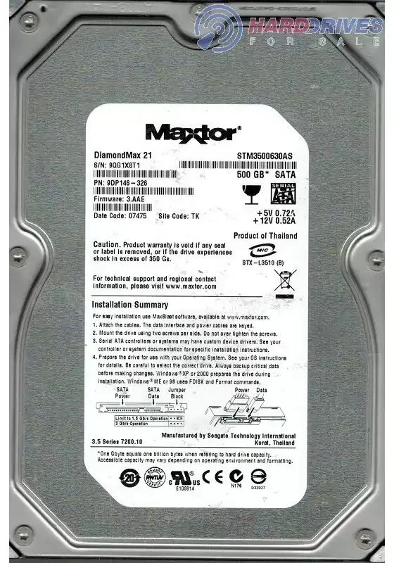 Maxtor 9DP146-326 DiamondMax 21 500GB 7200RPM SATA 3Gb/s 16MB Cache 3.5inch Internal Hard Drive
