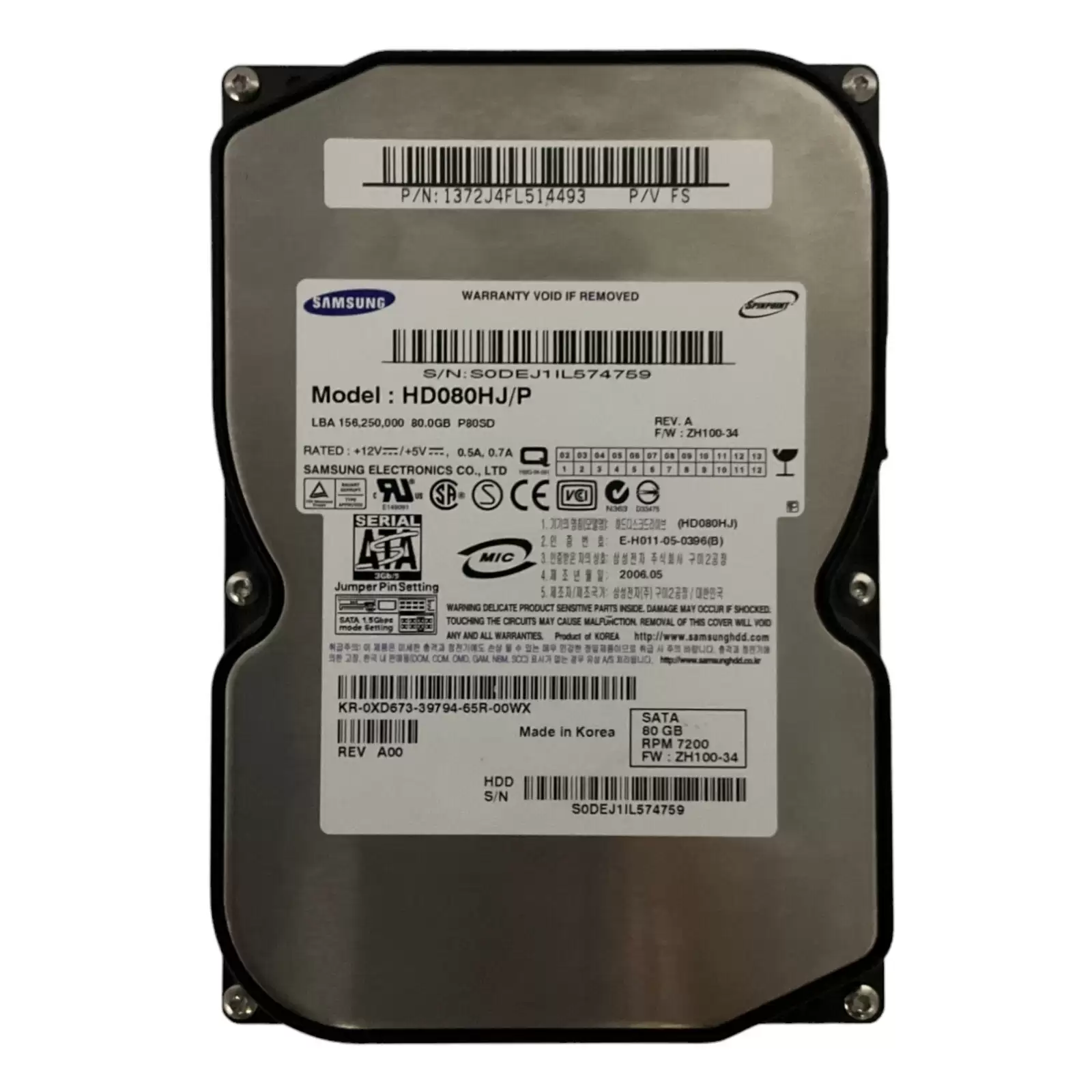 Samsung HD080HJ/P Spinpoint P80SD 80GB 7200RPM SATA 3Gb/s 8MB Cache 3.5inch Internal Hard Drive