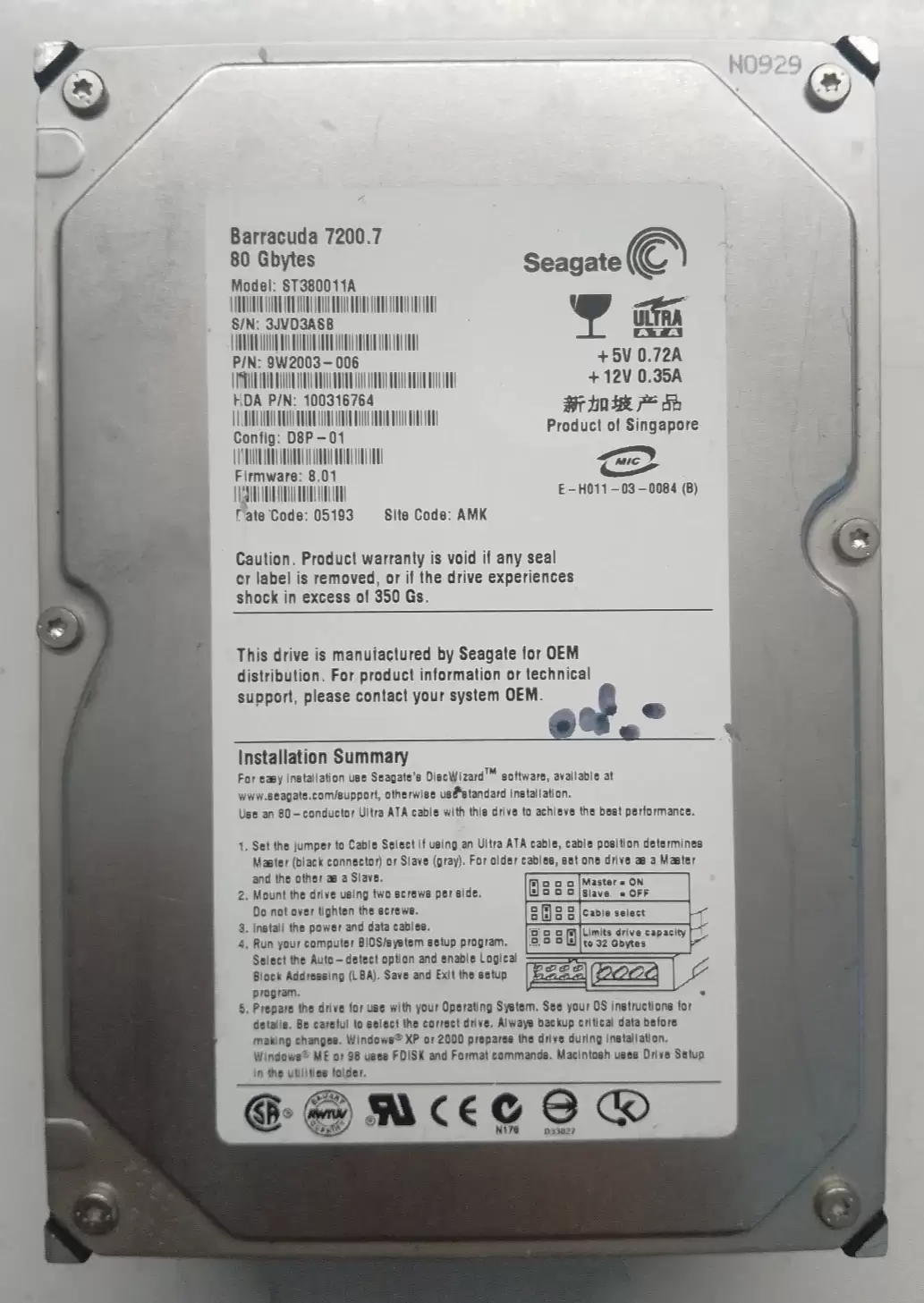 Seagate 9W2003-006 Barracuda 7200.7 80GB ATA/100 7200RPM 2MB Cache 3.5-inch Internal Hard Drive