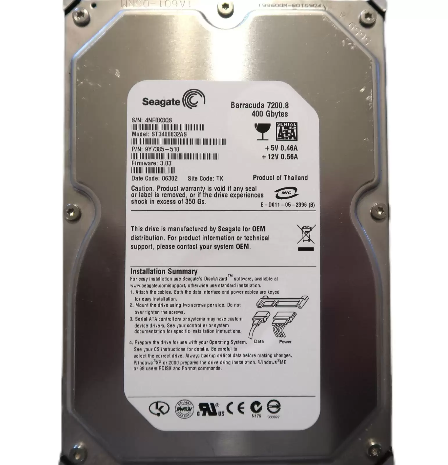 Seagate 9Y7385-510 Barracuda 7200.8 400GB SATA 1.5Gb/s 7200RPM 8MB Cache 3.5-inch Internal Hard Drive