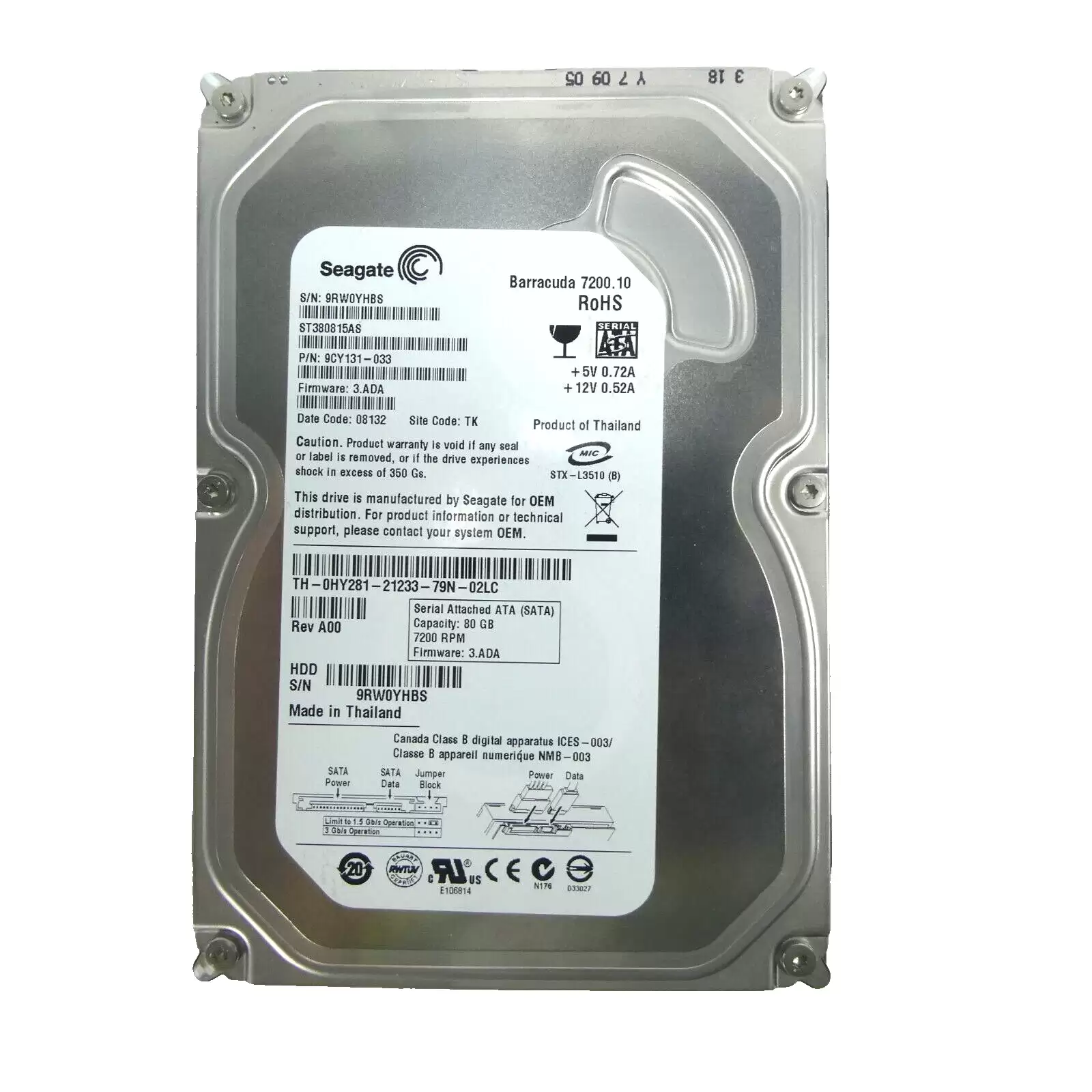 Seagate ST380815AS Barracuda 7200.10 80GB SATA 3Gb/s 7200RPM 8MB Cache 3.5-inch Internal Hard Drive
