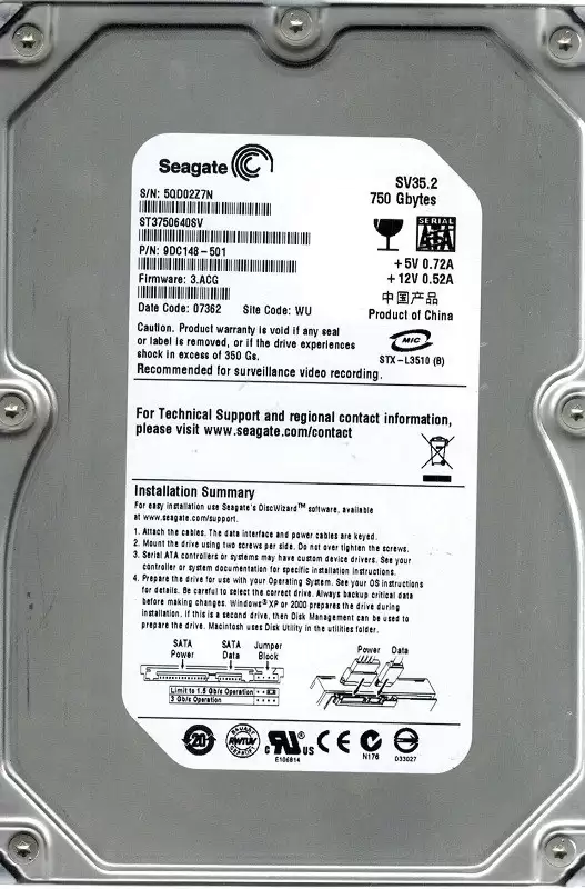 Seagate ST3750640SV SV35.2 Series 750GB SATA 3Gb/s 7200RPM 16MB Cache 3.5-inch Internal Hard Drive