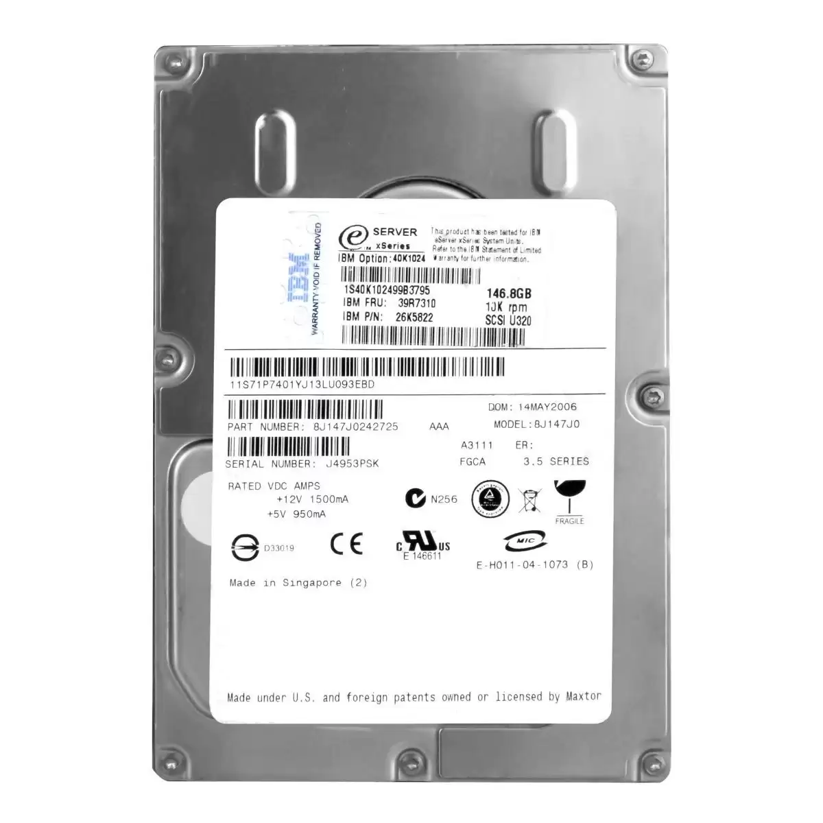 IBM 26K5822 146.8GB Ultra-320 SCSI 80-Pin 10000RPM 8MB Cache 3.5-inch Internal Hard Drive