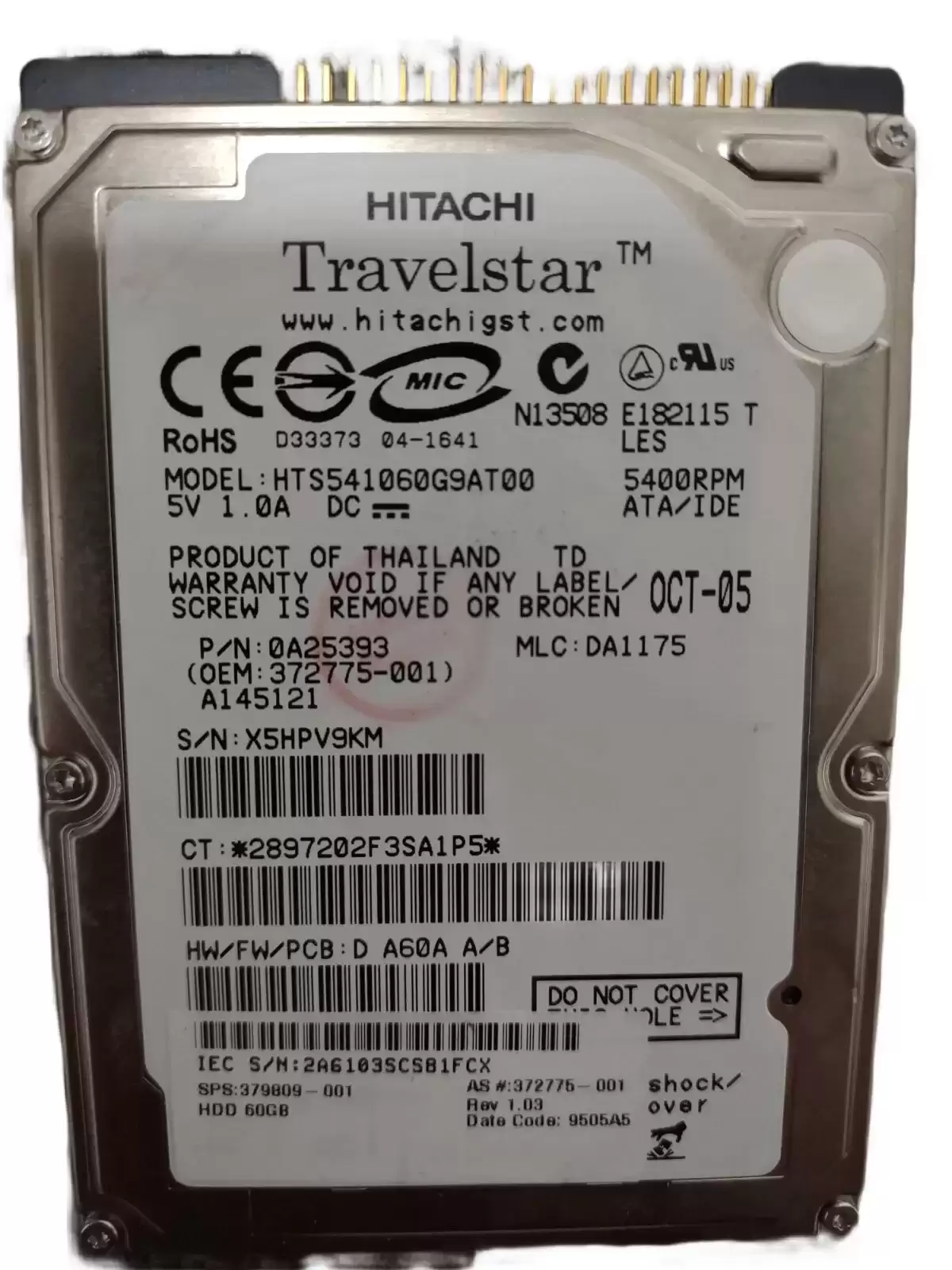 Hitachi 08K0638 TravelStar 60GB ATA100 44Pin 9.5 MM 5400RPM 8MB Cache 2.5inch Internal Hard Drive