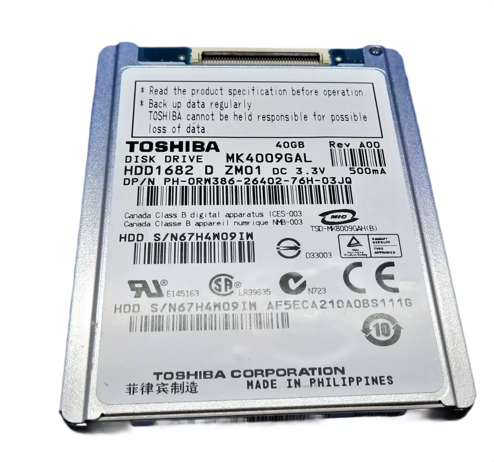 Toshiba MK4009GAL Mobile 40GB ATA/100 4200RPM 8MB Cache (ZIF) 1.8-inch Internal Hard Drive