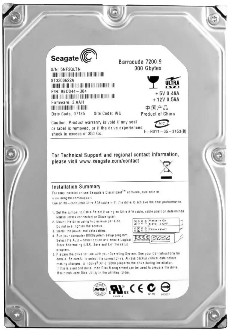 Seagate ST3300622A Barracuda 7200.9 300GB ATA/100 7200RPM 16MB Cache 3.5-inch Internal Hard Drive