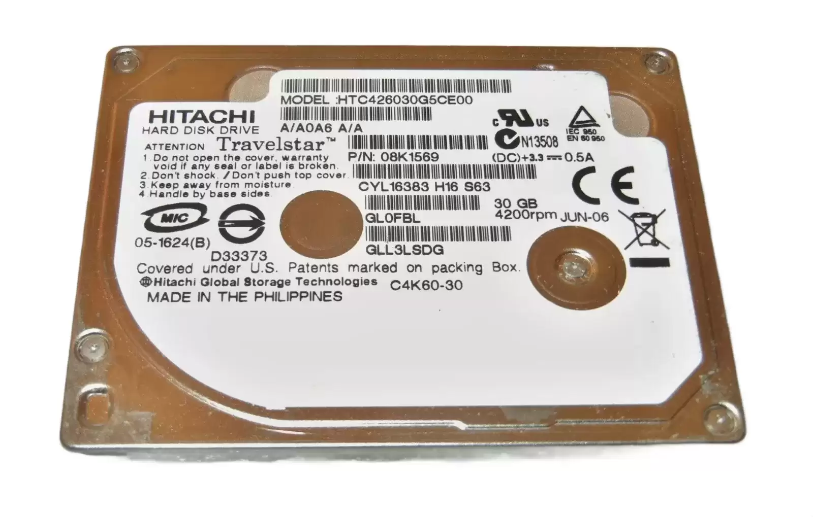 Hitachi 08K1569 Travelstar C4K60 HTC426030G5CE00 30GB ATA/100 (ATA6) 4200RPM 1.8 Internal Hard Drive