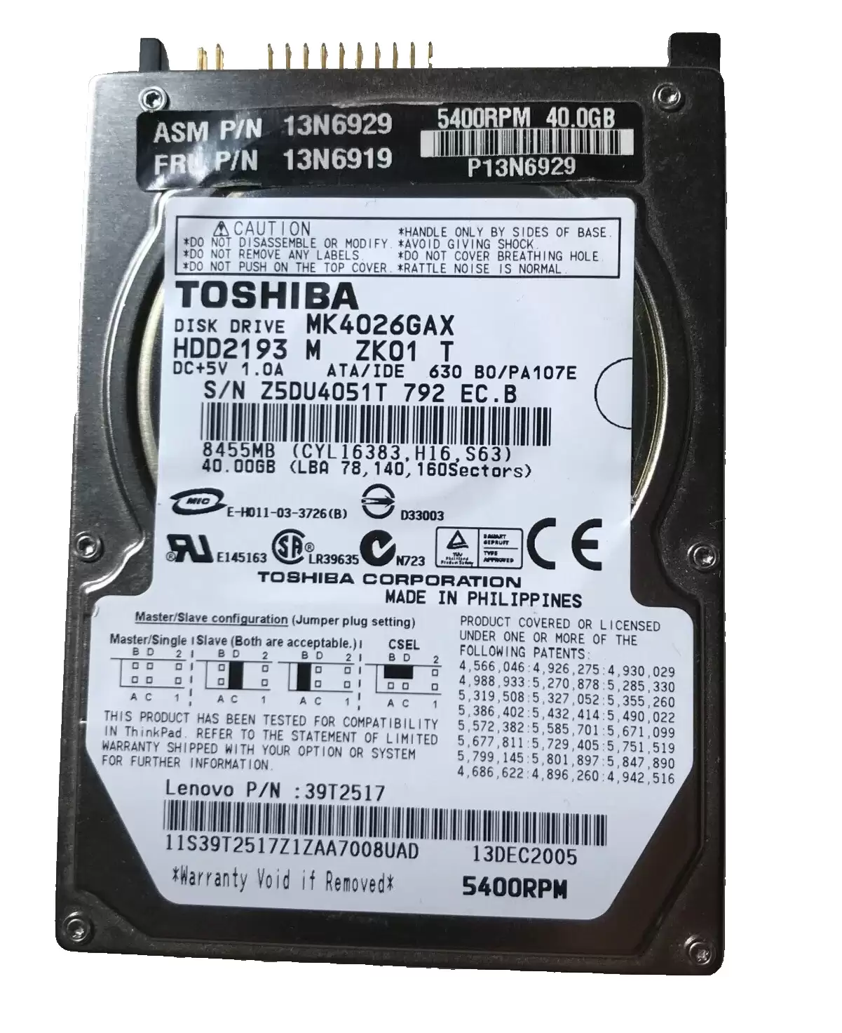 IBM 39T2517 40GB ATA/100 5400RPM 16MB Cache 2.5-inch Internal Hard Drive