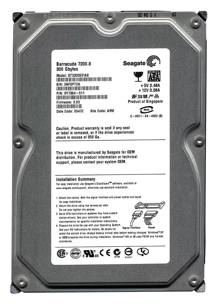Seagate ST3300831AS Barracuda 7200.8 300GB SATA 1.5Gb/s 7200RPM 8MB Cache 3.5-inch Internal Hard Drive