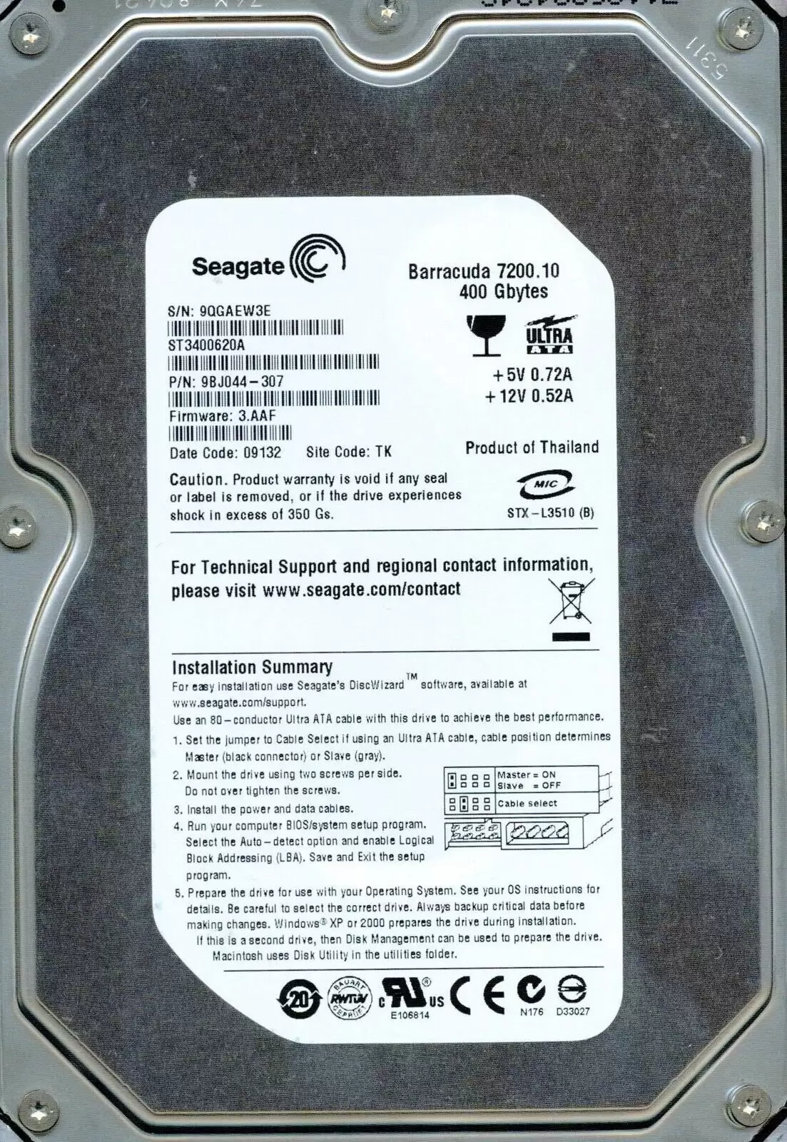 Seagate ST3400620A Barracuda 7200.10 400GB ATA/100 7200RPM 16MB Cache 3.5-inch Internal Hard Drive