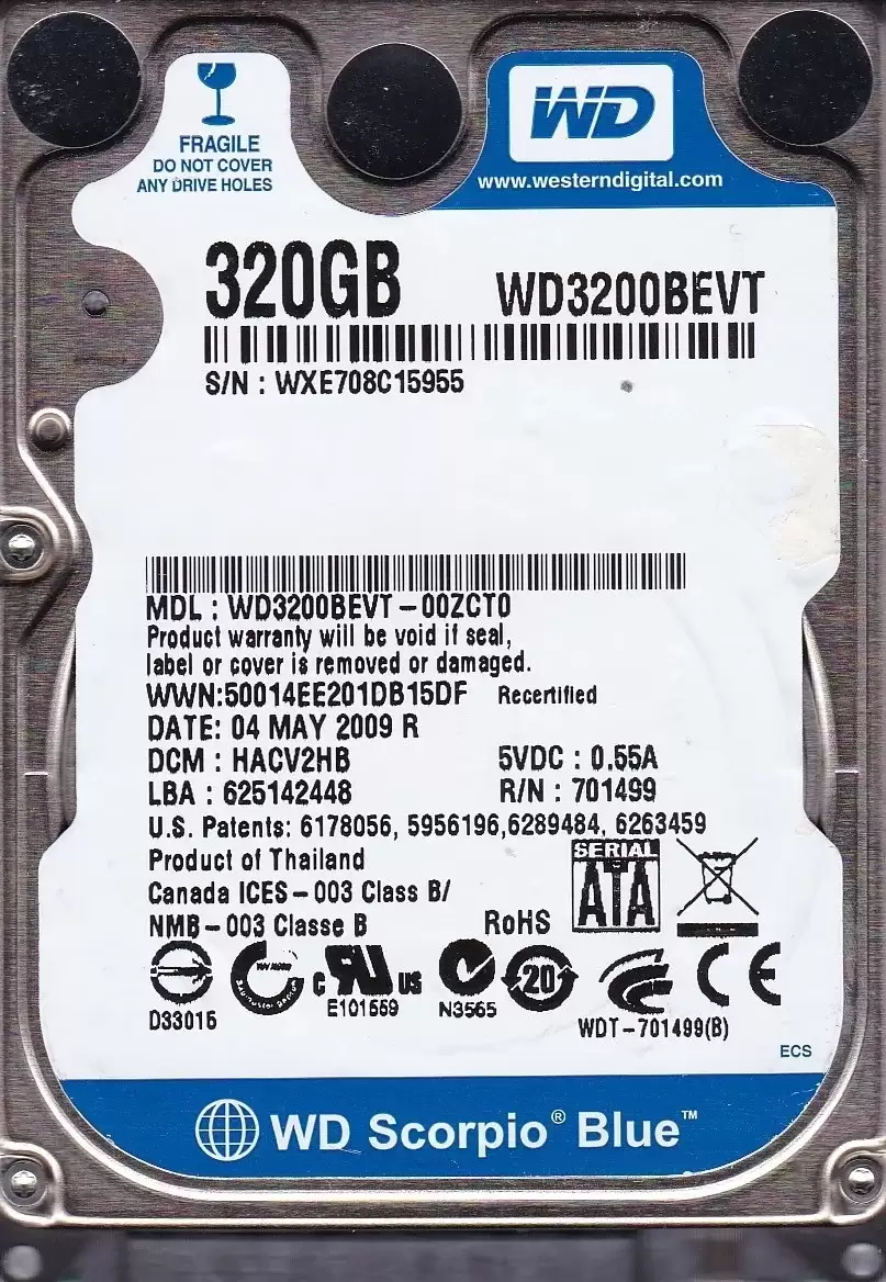 Western Digital WD3200BEVT Scorpio Blue 320GB 5400RPM SATA 3GB/s 7Pin 8MB Cache 2.5inch Laptop Internal Hard Drive