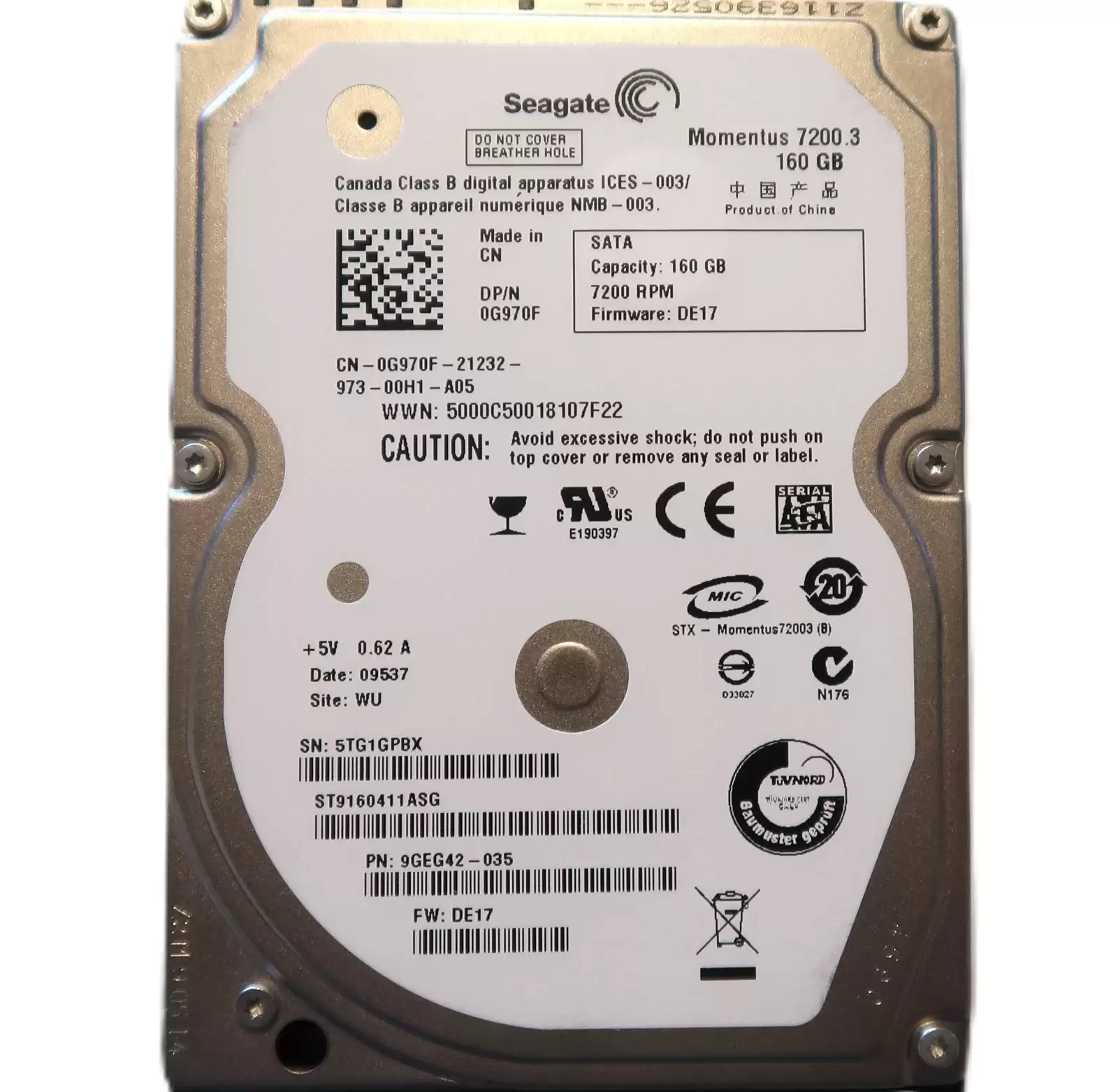 Seagate 9GEG42-035 Momentus 7200.3 160GB SATA 3Gb/s 7200RPM 16MB Cache 2.5-inch Internal Hard Drive