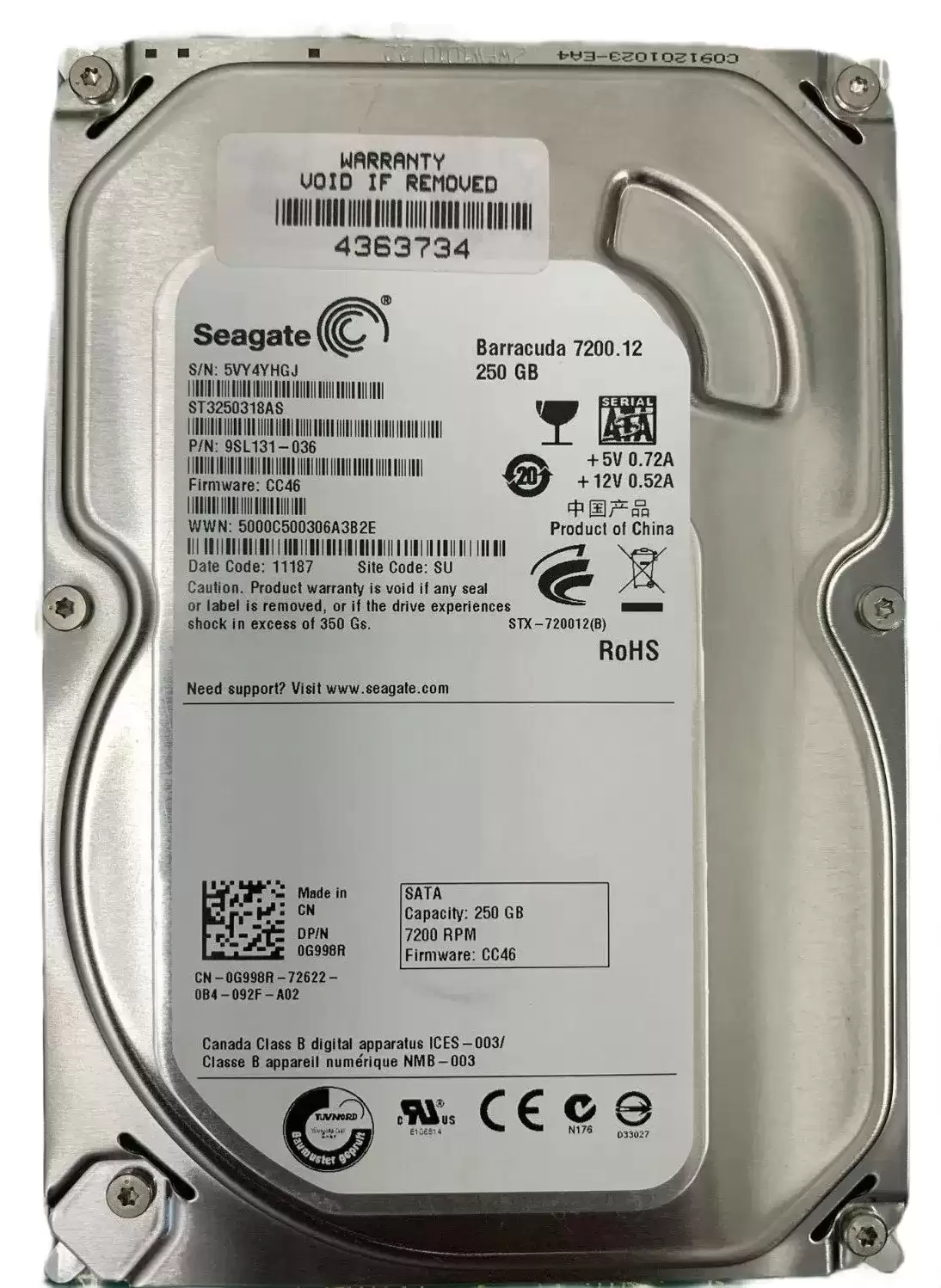 Seagate 9SL131-036 Barracuda 7200.12 250GB SATA 3Gb/s 7200RPM 8MB Cache 3.5-inch Internal Hard Drive