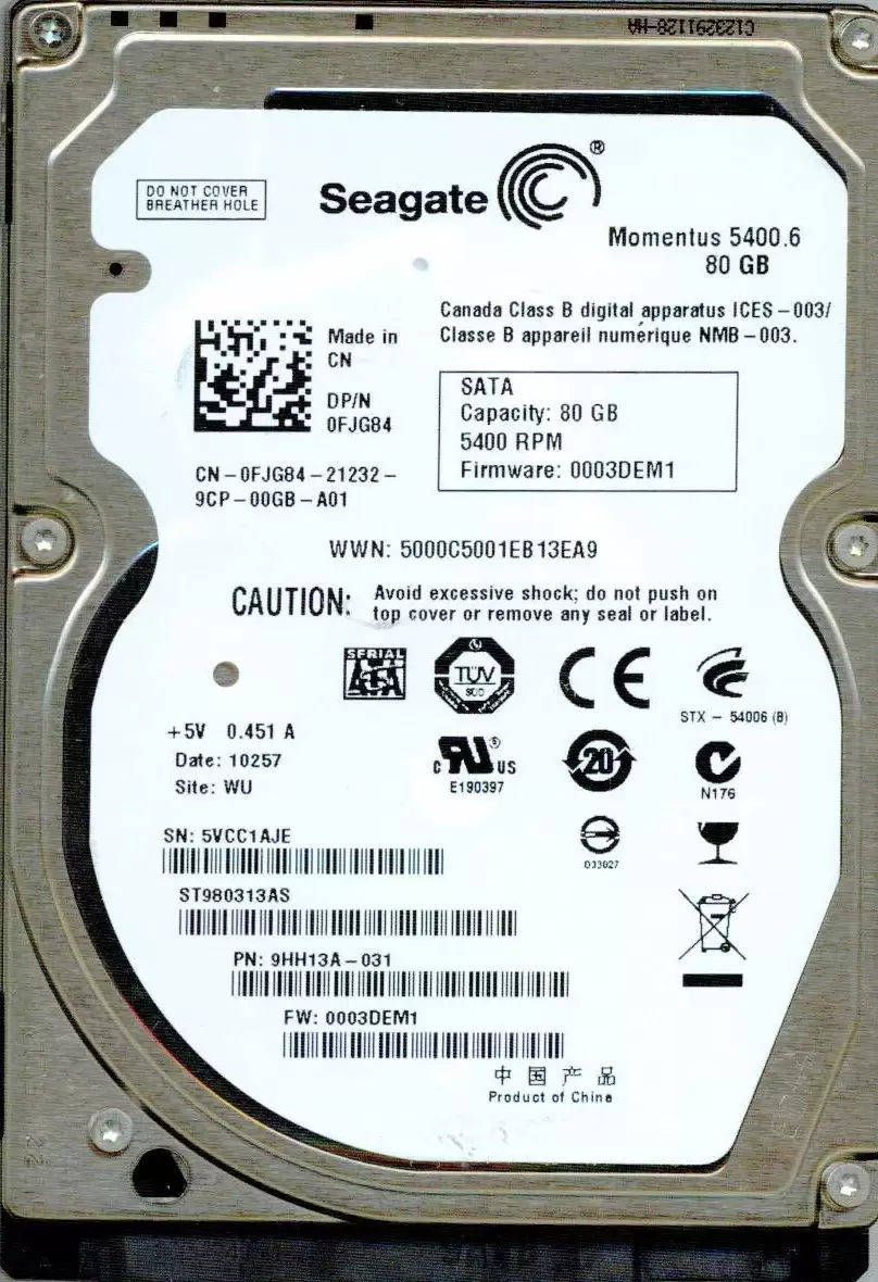 Seagate 9HH13A-031 Momentus 5400.6 80GB SATA 3Gb/s 5400RPM 8MB Cache 2.5-inch Internal Hard Drive