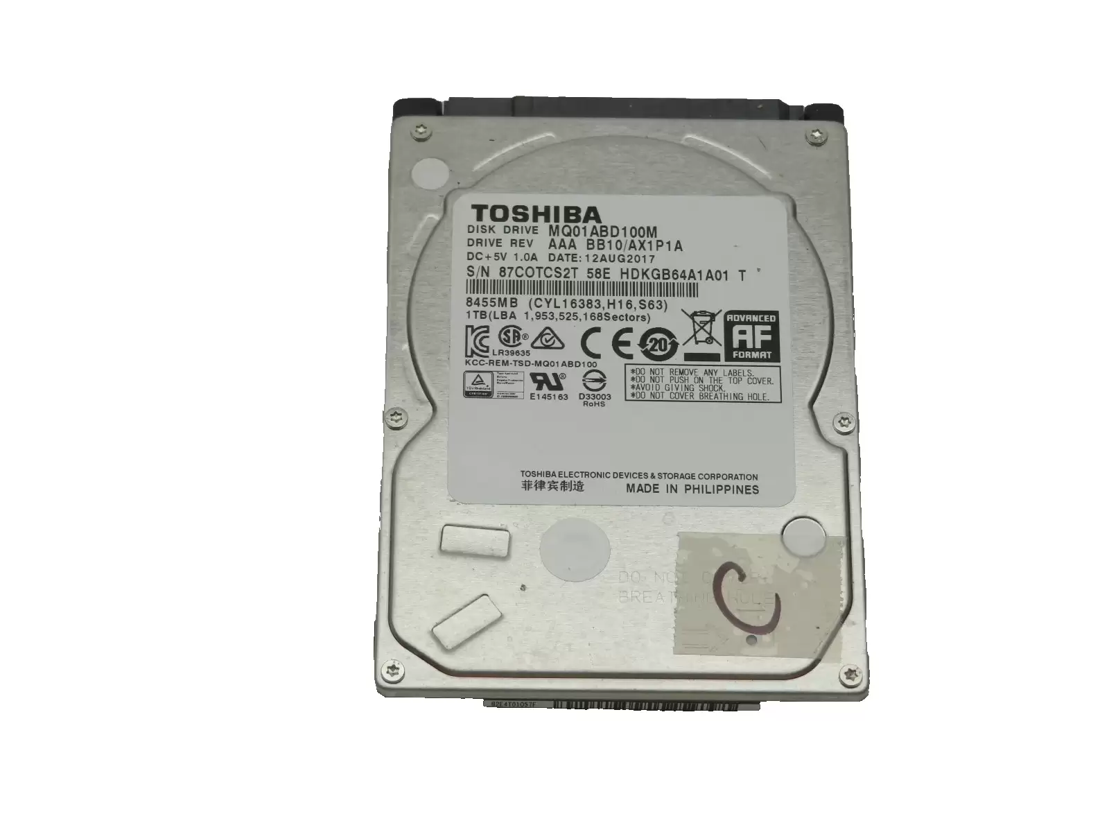 Toshiba MQ01ABD100M Mobile 1TB 5400RPM SATA 3Gbps 8MB Cache (512e) 2.5inch Internal Hard Drive