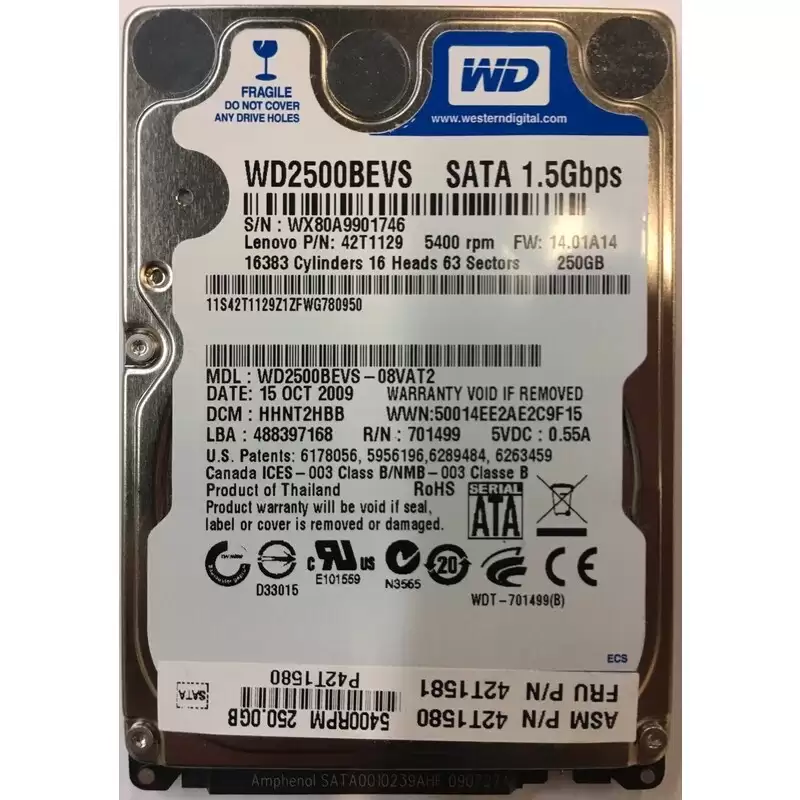 IBM 42T1580 250GB 5400RPM SATA 1.5Gbps 8MB Cache 2.5inch Internal Hard Drive