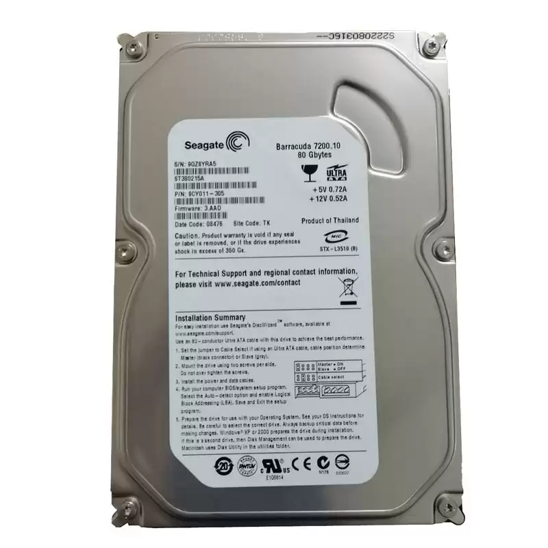 Seagate ST380215A BarraCuda 7200.10 80GB Ultra ATA100 7200RPM 2MB Cache 3.5inch Internal Hard Drive