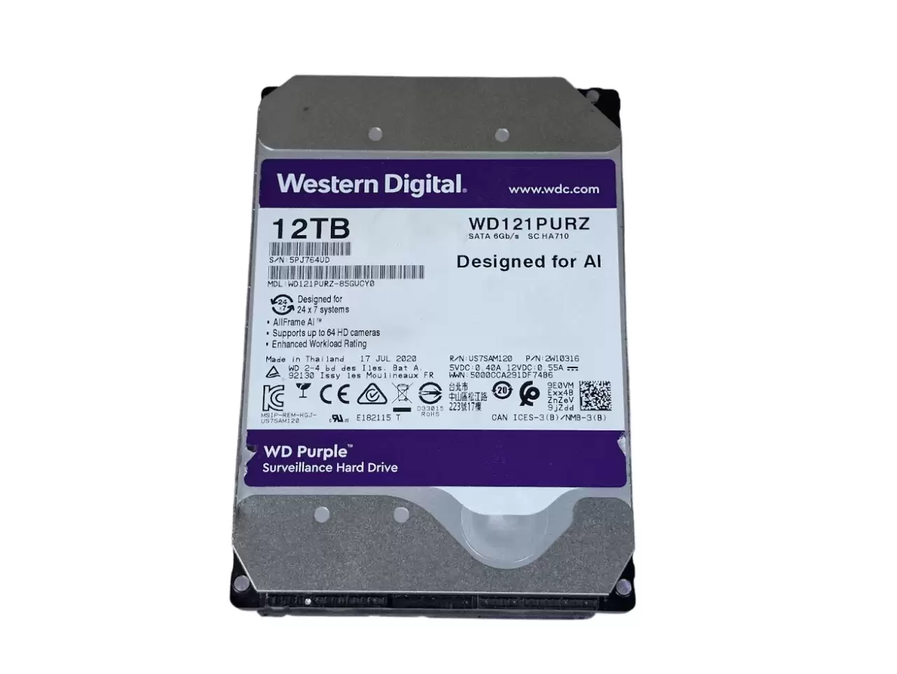 Western Digital WD121PURZ Purple 12TB SATA 6Gb/s 7200RPM 256MB Cache 3.5-inch Internal Hard Drive