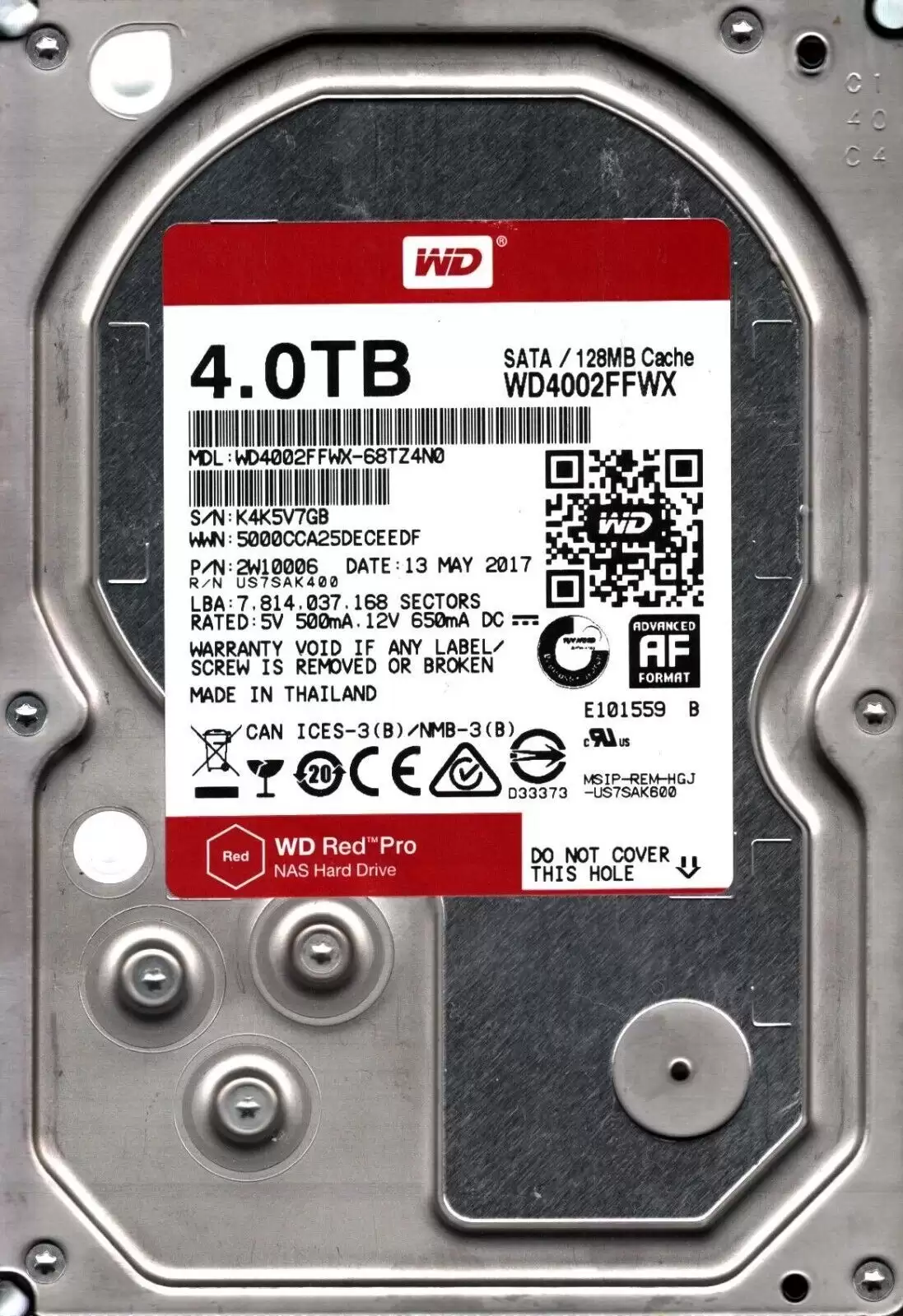 Western Digital WD4002FFWX Red Pro NAS 4TB SATA 6Gb/s 7200RPM 128MB Cache 3.5inch Internal Hard Drive
