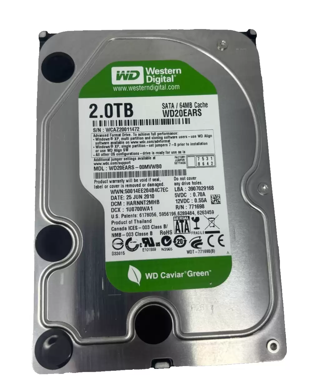Western Digital WD20EARS Caviar Green 2TB SATA 3Gb/s 5400RPM 64MB Cache 3.5inch Internal Hard Drive