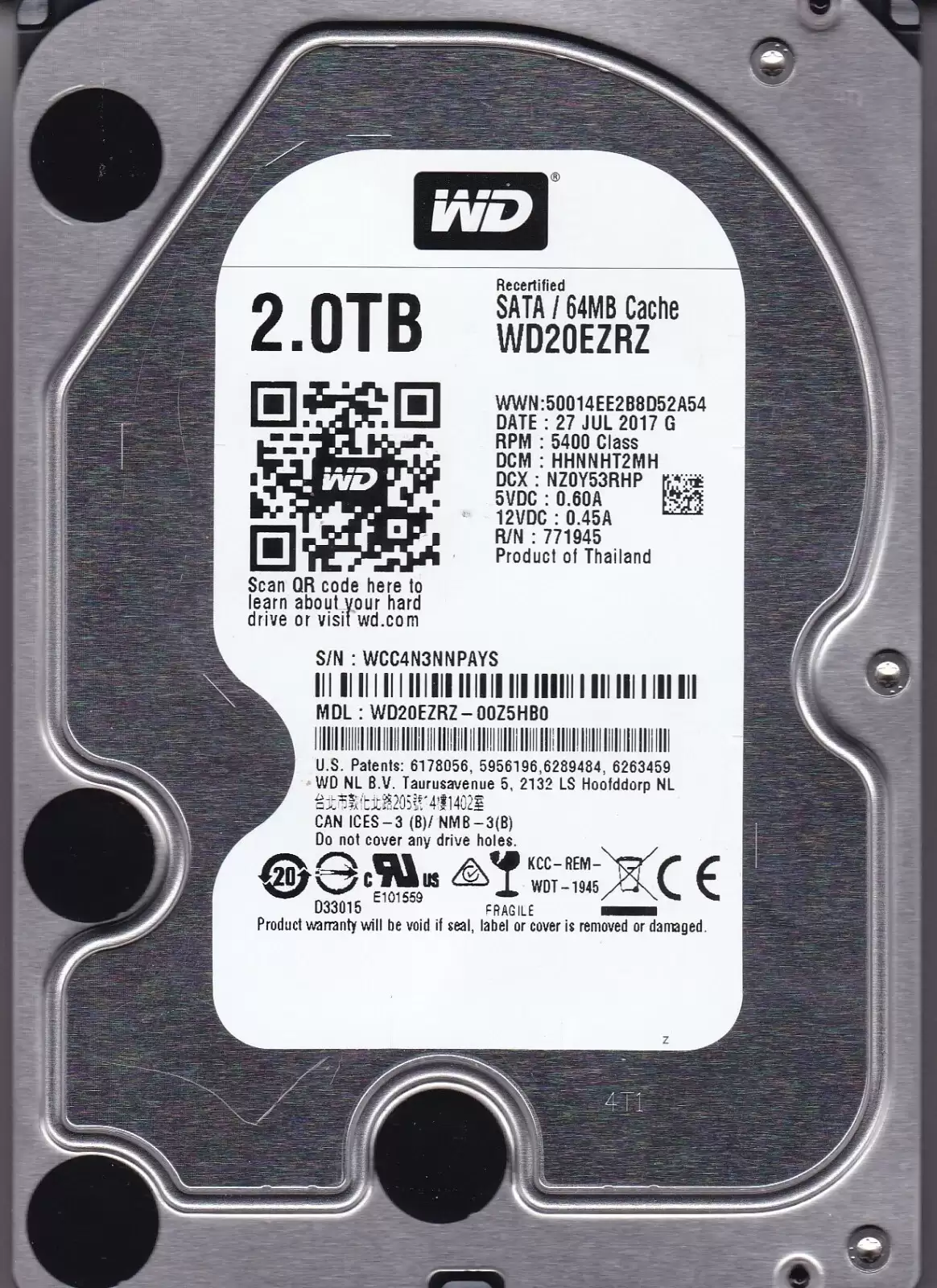 Western Digital WD20EZRZ Blue 2TB SATA 6Gb/s 5400RPM 64MB Cache 3.5-inch Internal Hard Drive