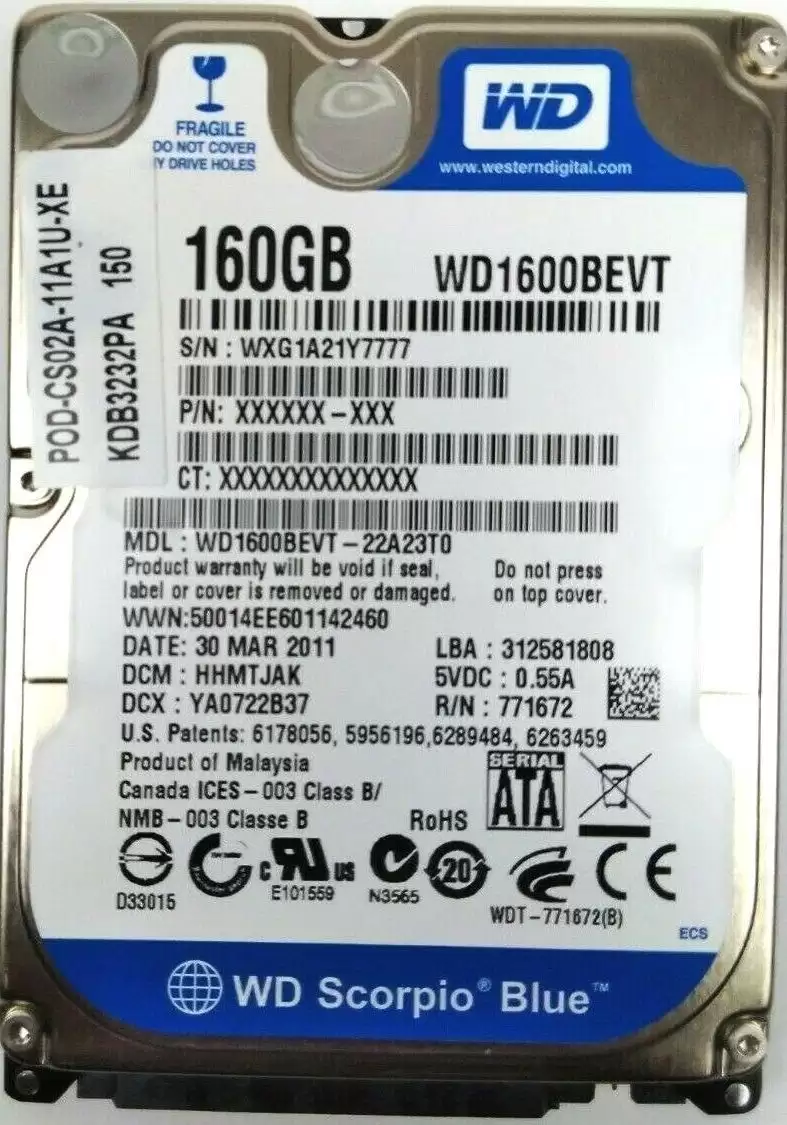 Western Digital WD1600BEVT Scorpio Blue 160GB SATA 3Gb/s 5400RPM 8MB Cache 2.5inch Internal Hard Drive