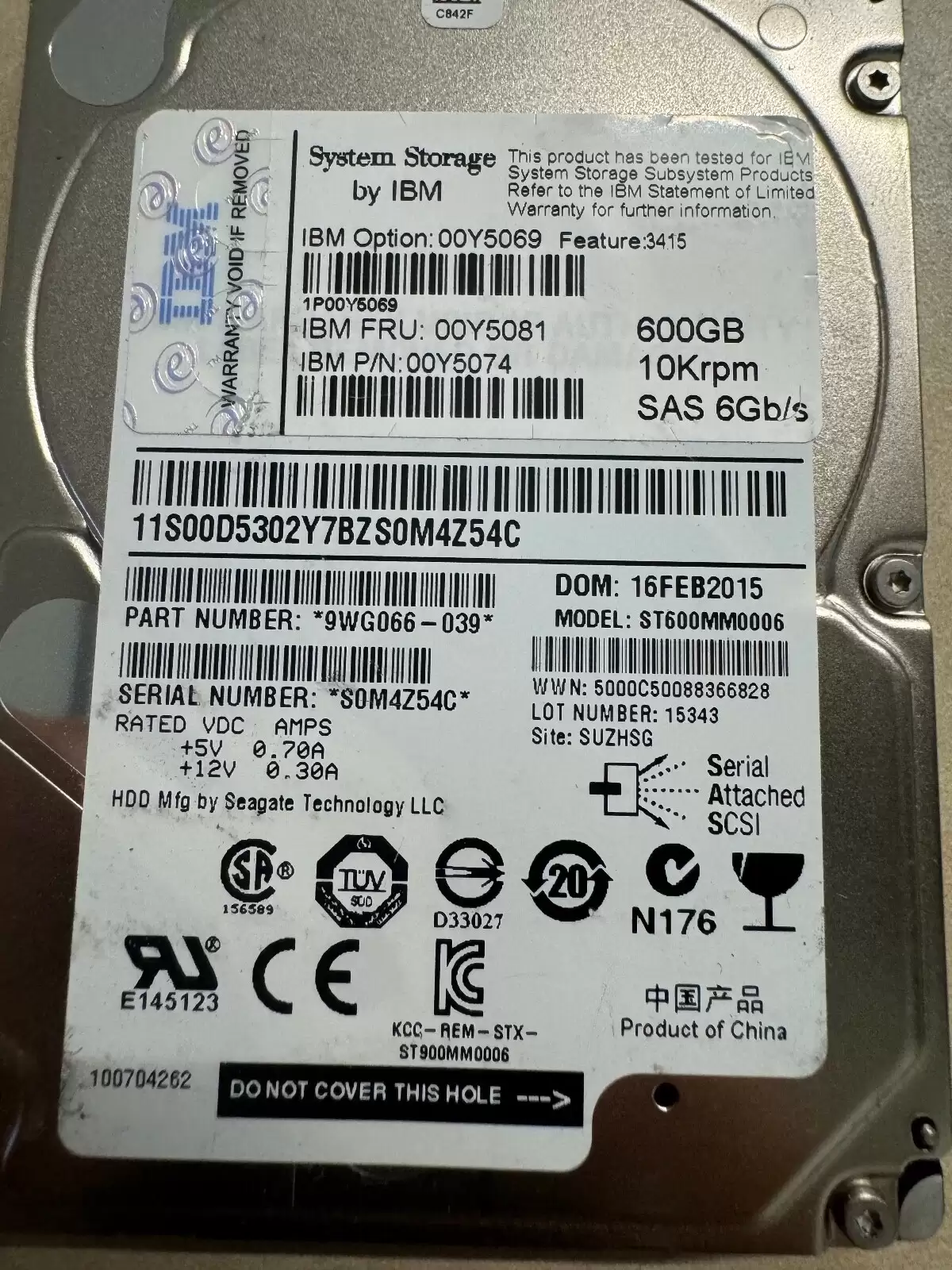 IBM 00Y5069 600Gb SAS 6Gb/s 10000RPM 2.5inch Internal Hard Drive With Tray For System Storage