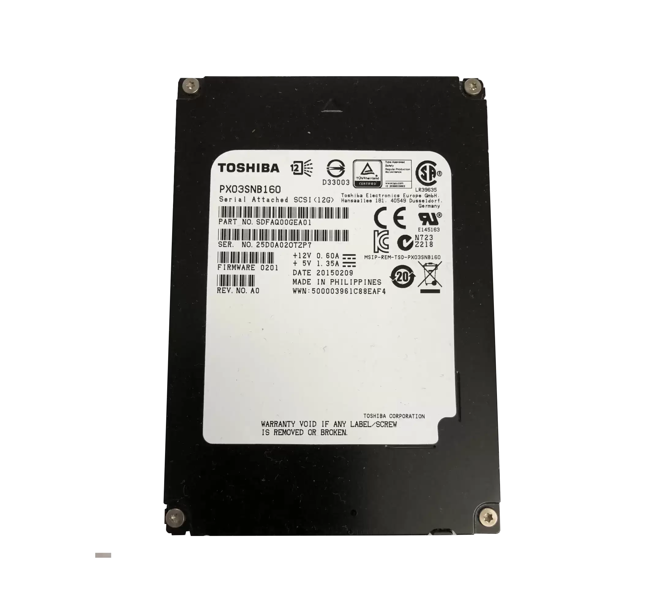 Toshiba PX03SNB160 PX03SN Series 1.6TB SAS 12Gb/s Read Intensive eMLC PLP 2.5-inch Solid State Drive