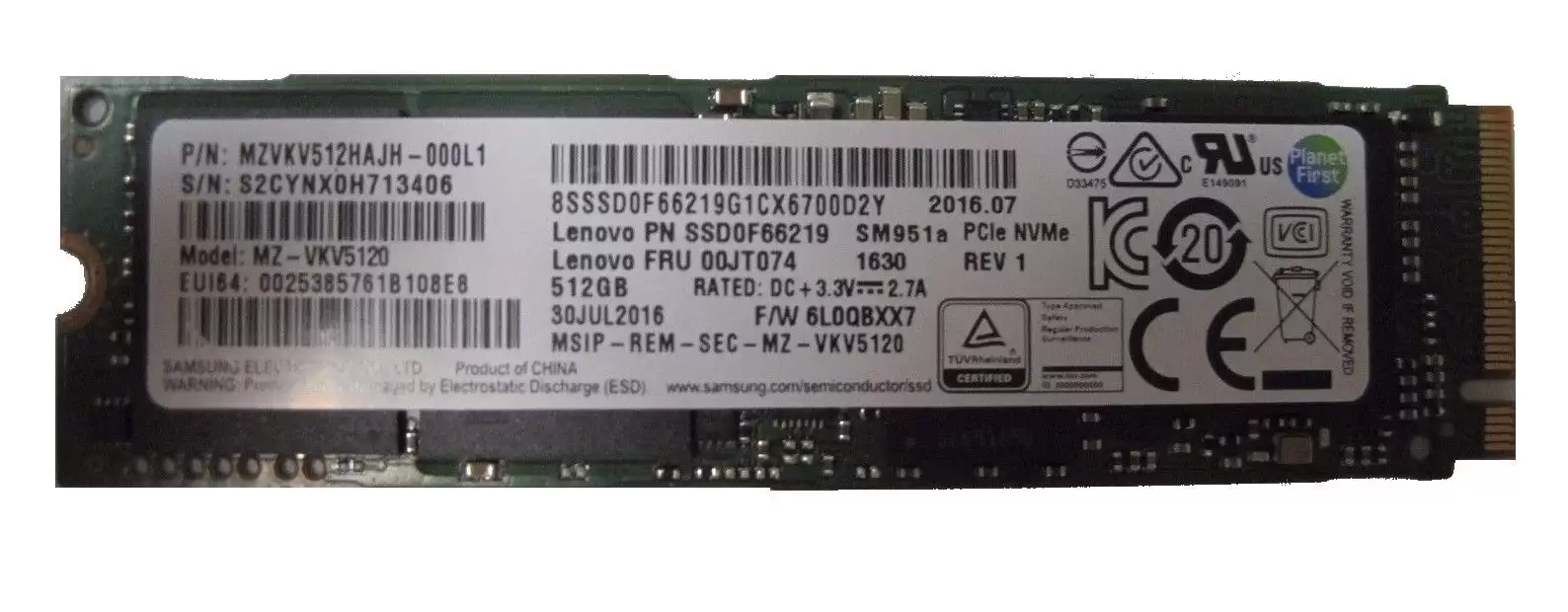 Lenovo 00JT074 512GB PCI-Express 3.0 x4 NVME MLC M.2 2280 Solid State Drive