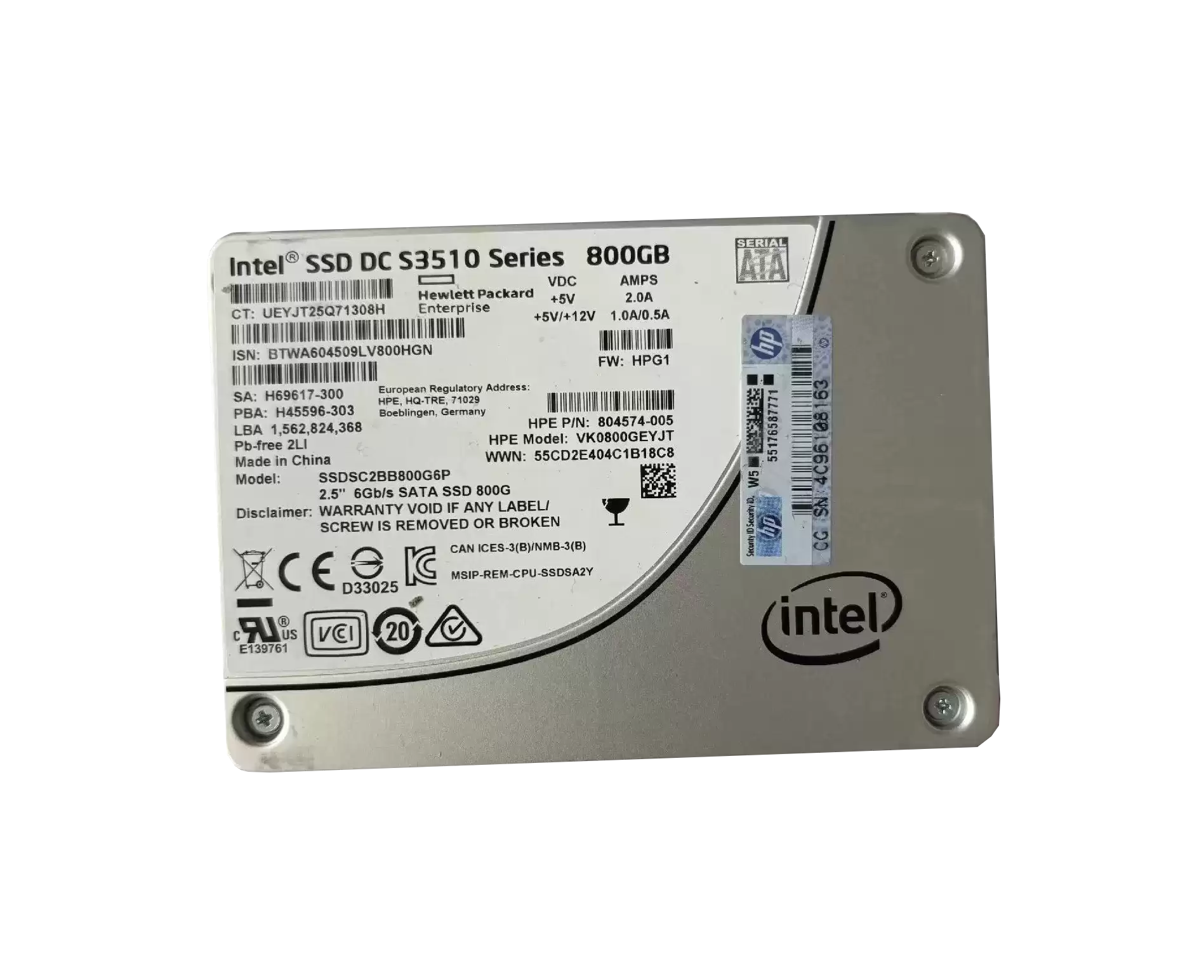 HPE VK0800GEYJT 800GB SATA 6Gb/s Read Intensive 2.5-inch Solid State Drive