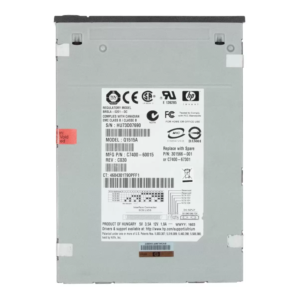 HPE Q1515A StorageWorks 230 100GB (Native) / 200GB (Compressed) SCSI LVD Internal Tape Drive