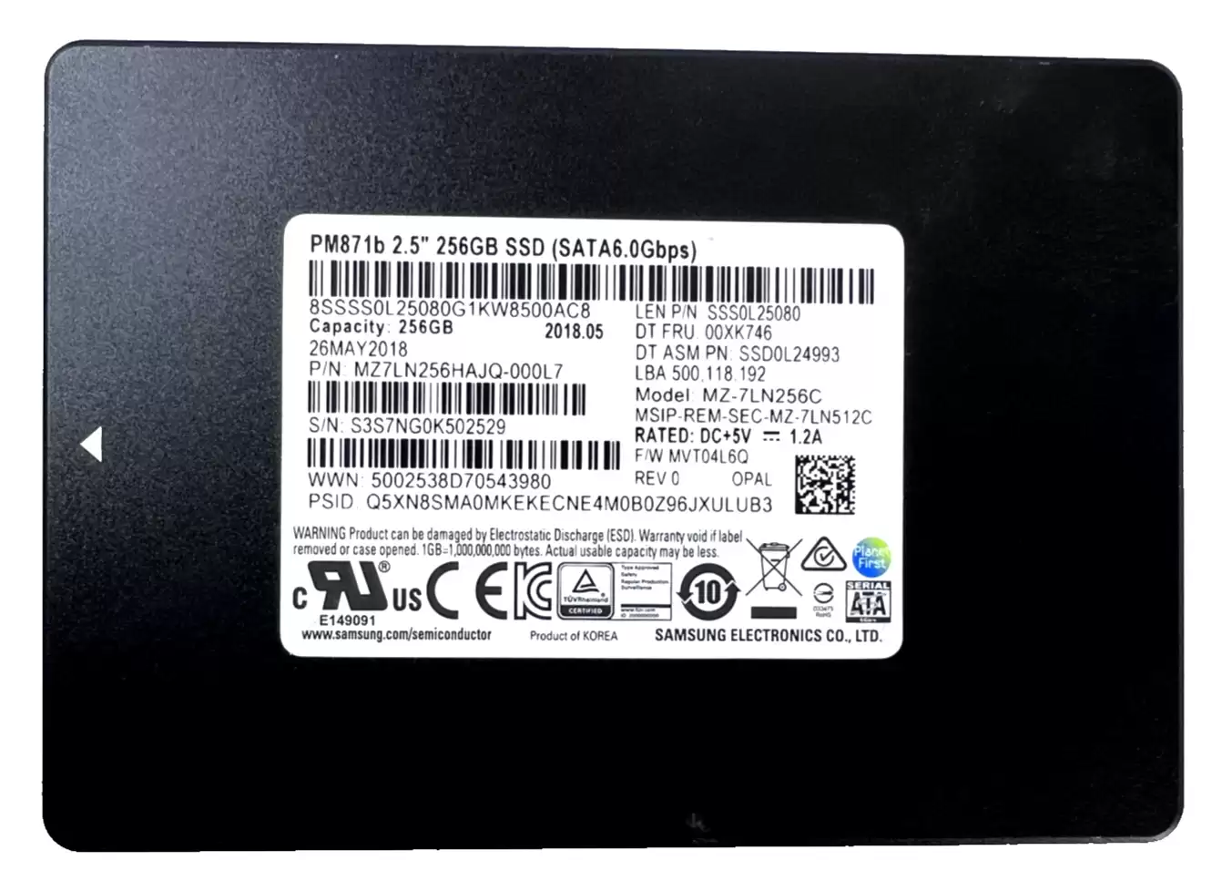 Samsung PM871b 256GB SATA 6Gb/s 3D NAND TLC M.2 2280 Solid State Drive