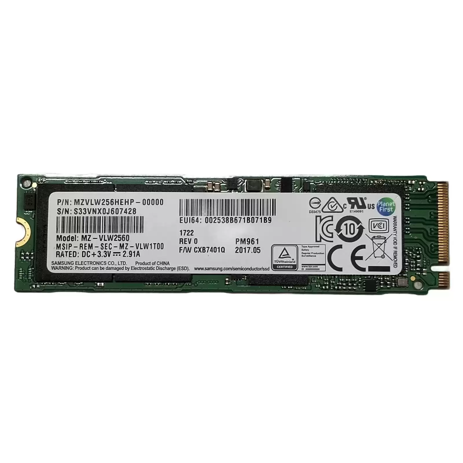 Samsung MZVLW256HEHP-00000 PM961 Series 256GB PCI-Express 3.0 x4 NVME TLC M.2 2280 Solid State Drive