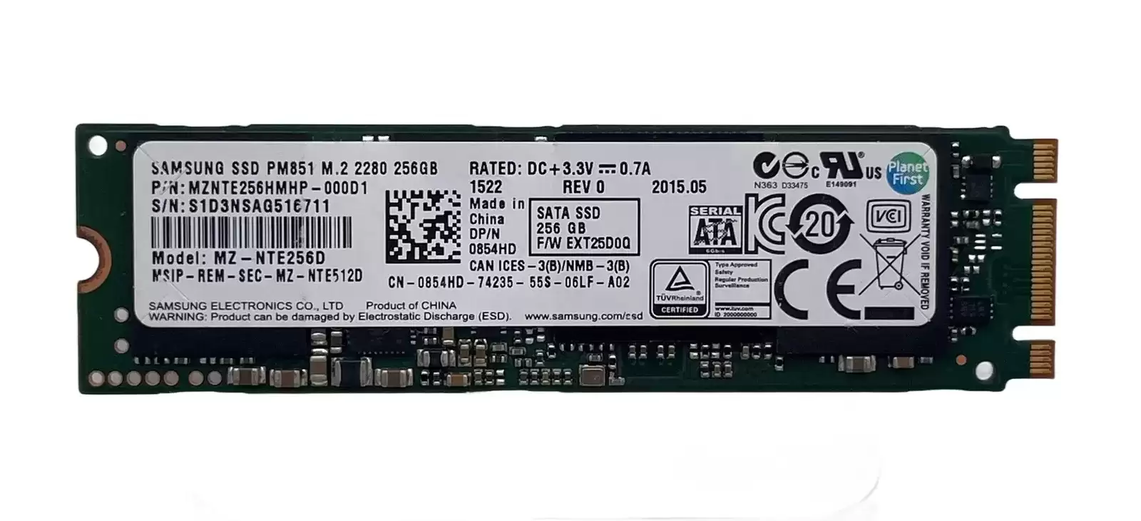 Samsung MZNTE256HMHP-000D PM851 Series 256GB SATA 6Gb/s TLC AES-256 M.2 2280 Solid State Drive
