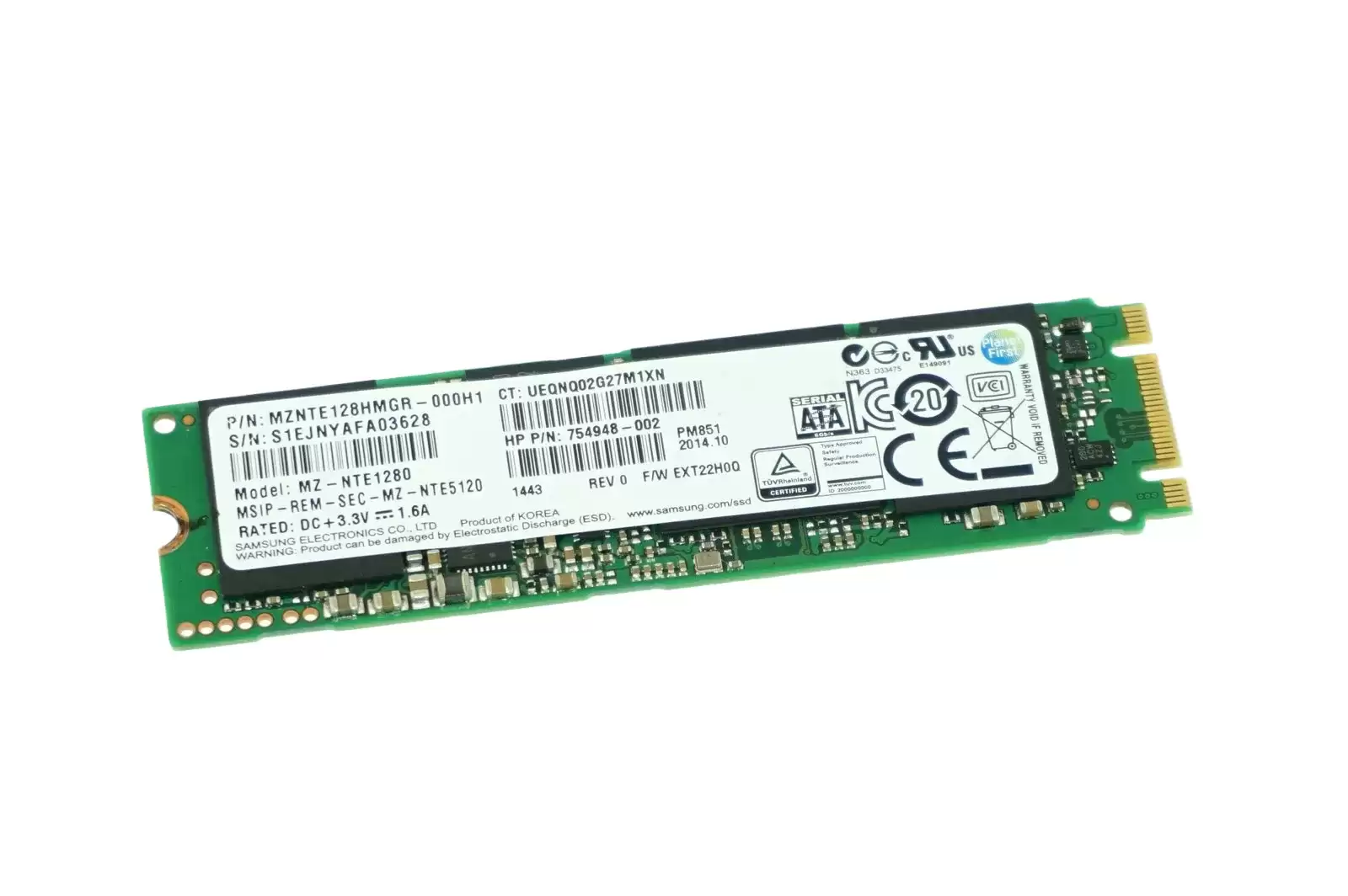 Samsung MZNTE128HMGR-000H1 PM851 Series 128GB SATA 6Gb/s TLC AES-256 M.2 2280 Solid State Drive