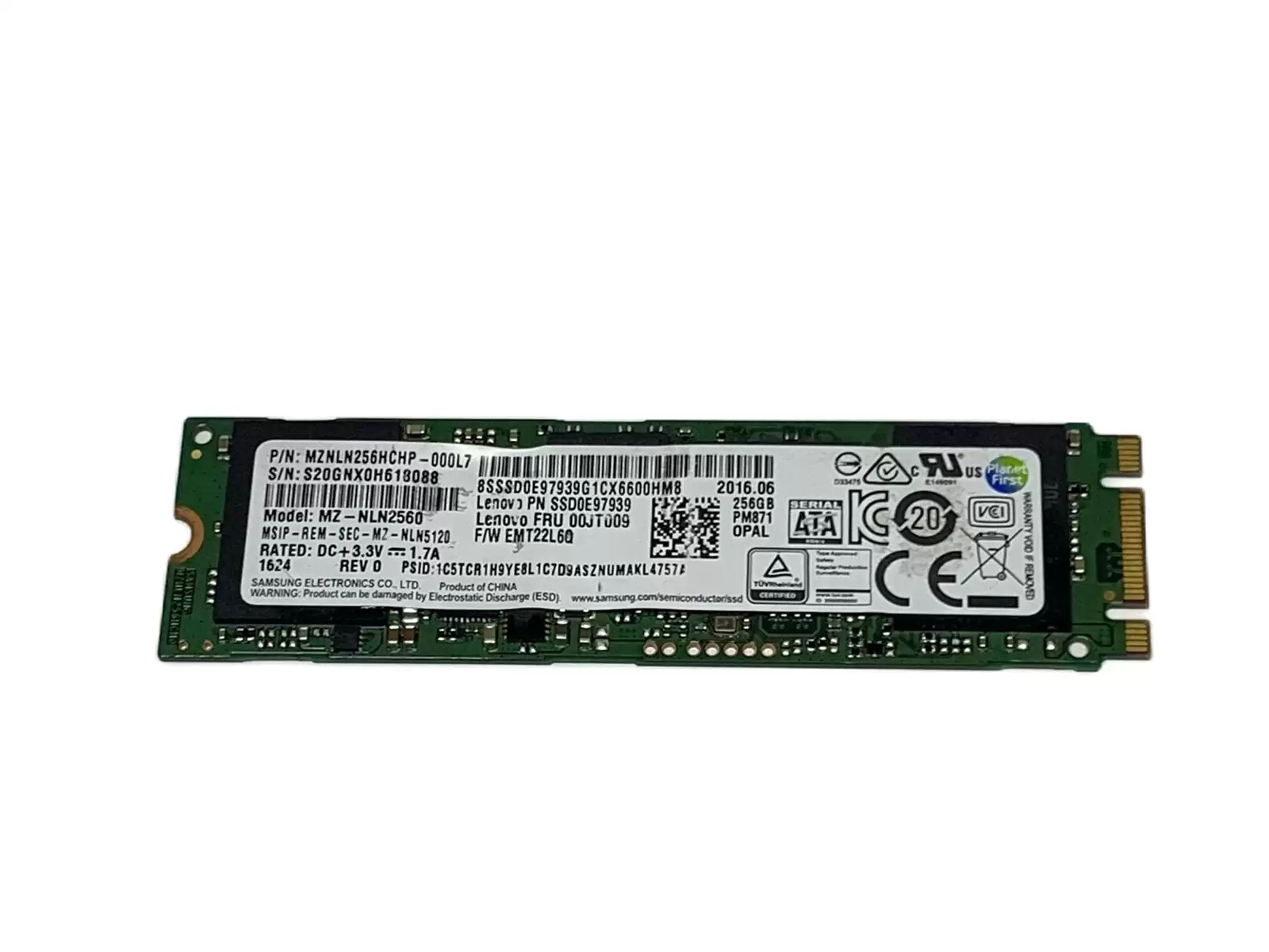 Samsung MZNLN256HCHP PM871 Series 256GB SATA 6Gb/s Mainstream Endurance TLC AES-256 M.2 2280 Solid State Drive