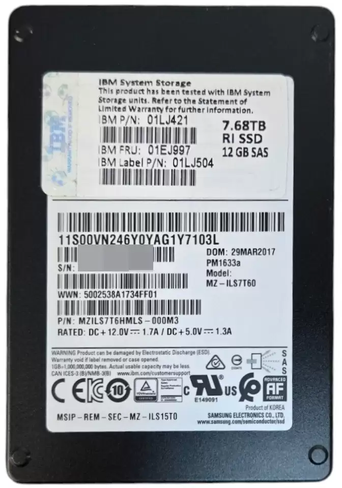 Samsung MZ-ILS7T60 PM1633a 7.68TB SAS 12Gb/s 3D NAND TLC 2.5-inch Solid State Drive