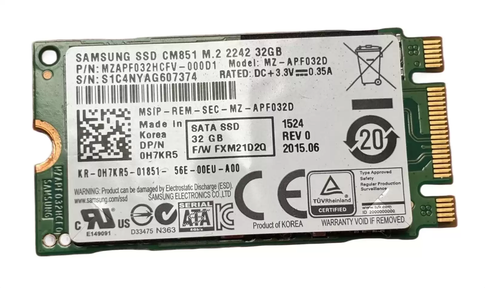 Samsung MZAPF032HCFV-000D1 CM851 Series 32GB SATA 6Gb/s MLC M.2 2242 Solid State Drive