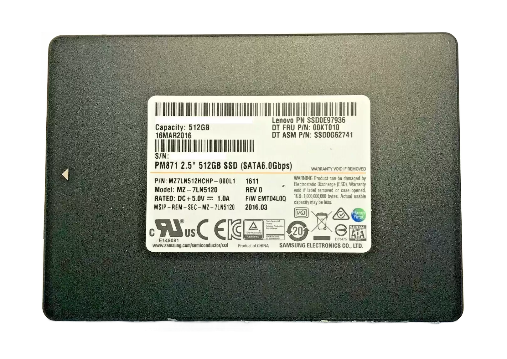 Samsung MZ7LN512HCHP-000L1 PM871 Series 512GB SATA 6Gb/s Mainstream Endurance TLC AES-256 2.5-inch Solid State Drive