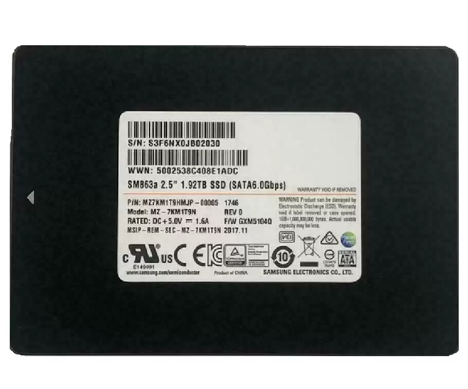 Samsung MZ-7KM1T9N SM863a Series 1.92TB SATA 6Gb/s 3D NAND MLC AES-256 PLP 2.5-inch Solid State Drive